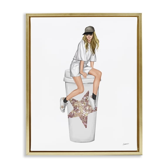 Stupell Industries Contemporary Trendy Fashionable Girl Coffee Cup Gold Floating Frame Canvas Art, 17 x 21, by Ziwei Li