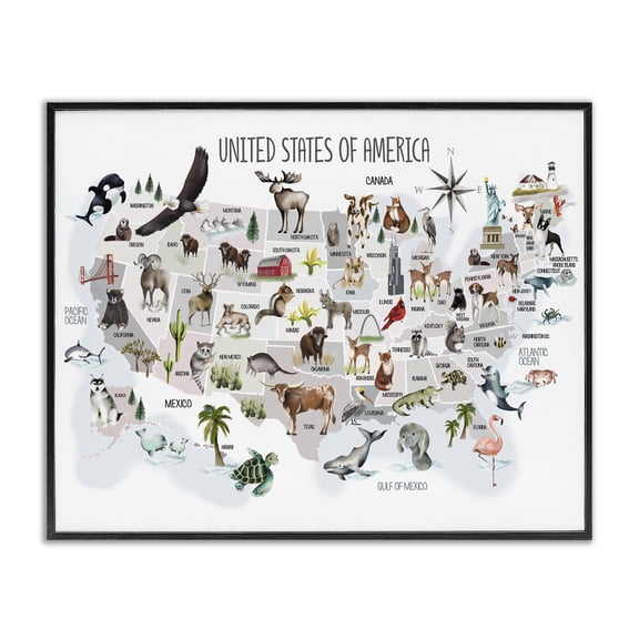 Stupell Industries Contemporary United States of America Map of Animals Kid's Illustration Black Framed Giclee Art, 30 x 24, by Studio Q