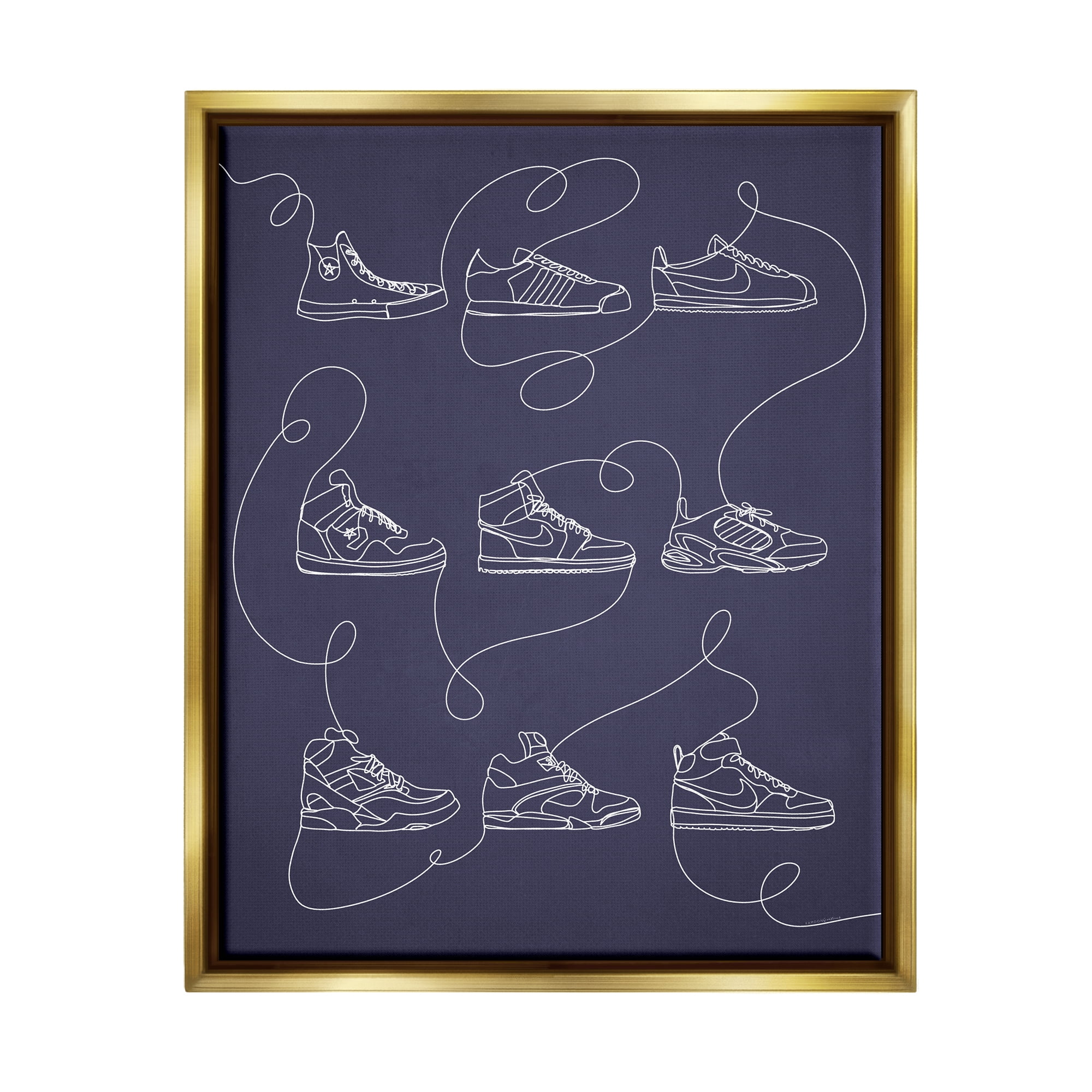 Stupell Industries Continuous Sneaker Line Doodle Beauty & Fashion Painting Gold Floater Framed Canvas Art Print Wall Art, 25 x 31