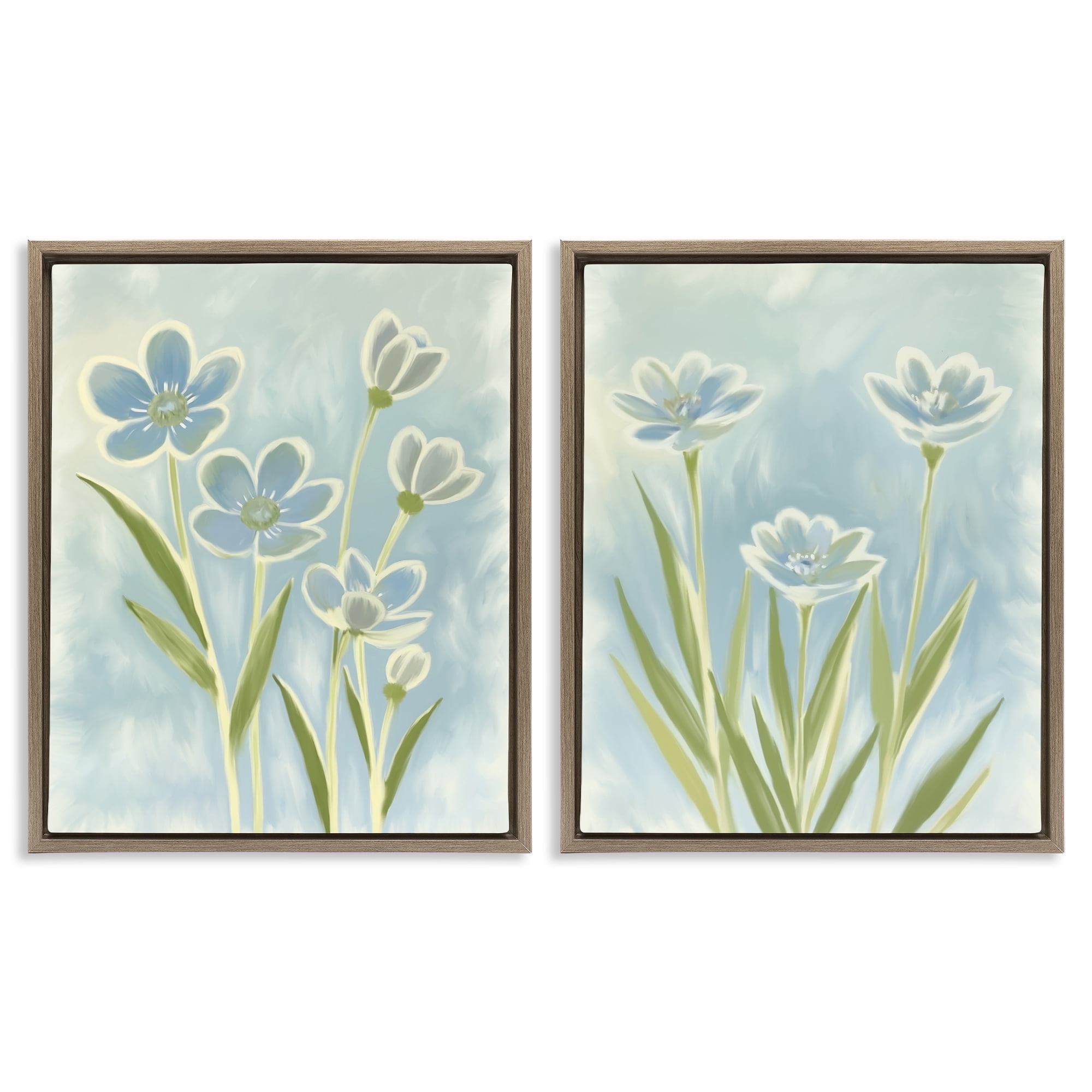 Stupell Industries Contoured Blue Petals 2 Piece Brown Framed Floater Canvas Set, design by Kim Allen