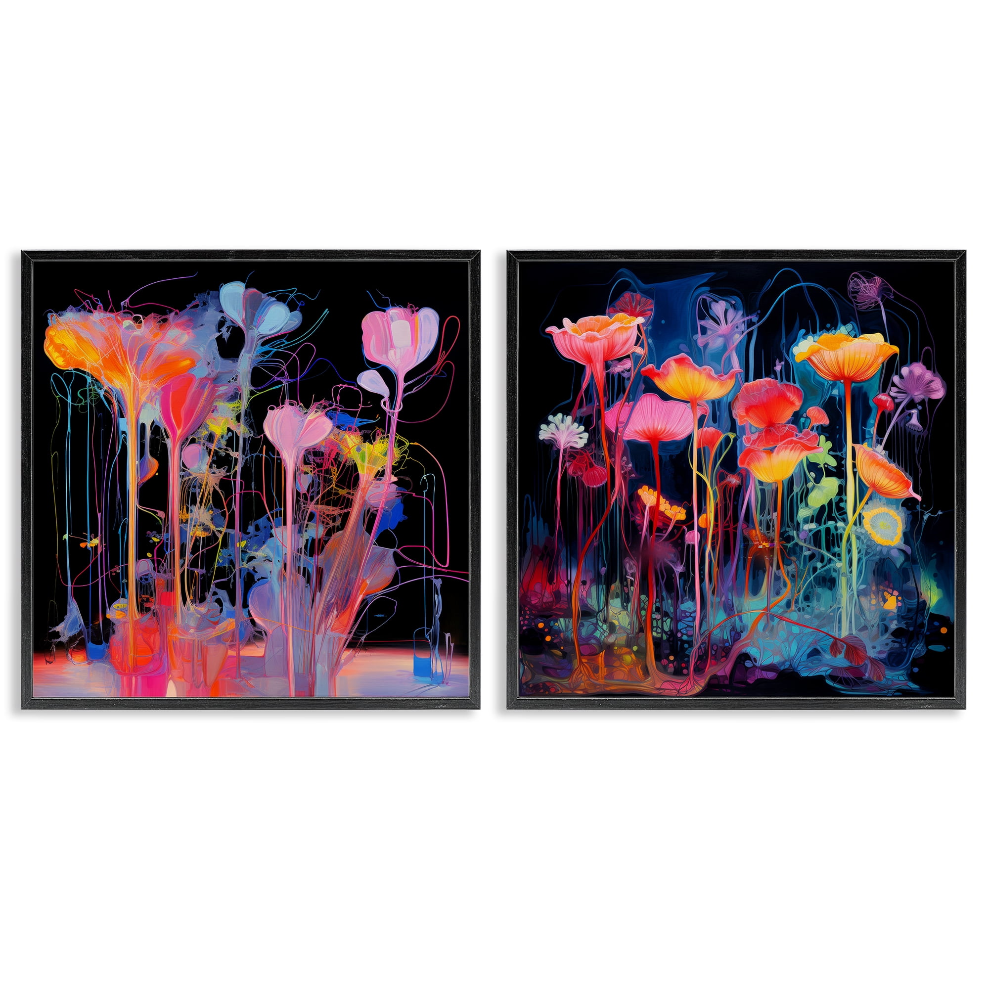 Stupell Industries Contrasting Otherworldly Blossoms Abstract Painting Black Framed Art Print Wall Art, 12 x 12, Set of 2