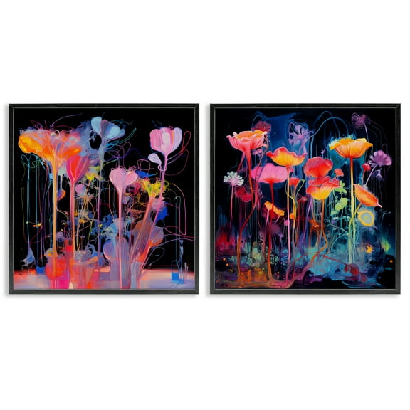 Stupell Industries Contrasting Otherworldly Blossoms Abstract Painting Black Framed Art Print Wall Art, 12 x 12, Set of 2