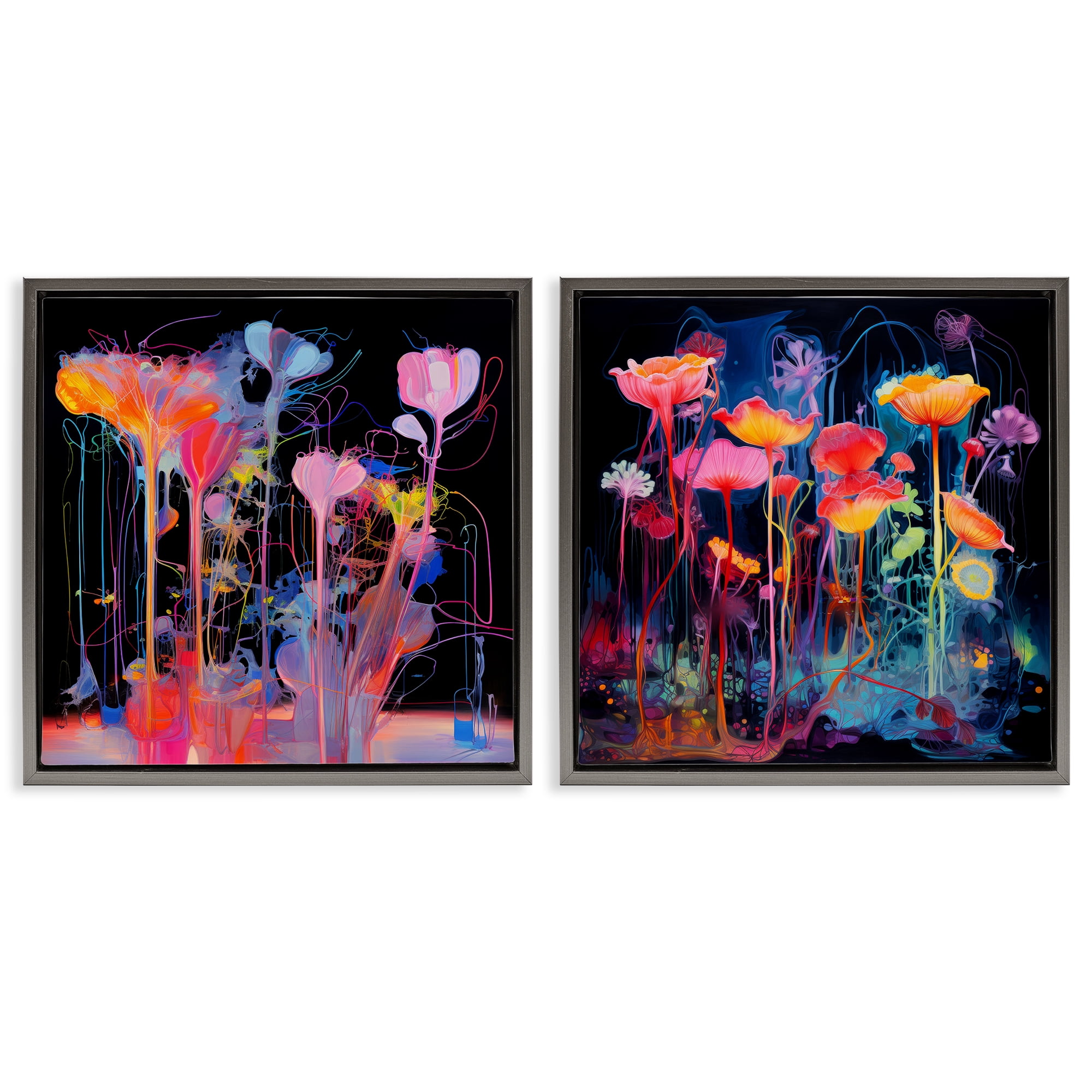 Stupell Industries Contrasting Otherworldly Blossoms Abstract Painting Gray Floater Framed Canvas Art Print Wall Art, 18 x 18, Set of 2