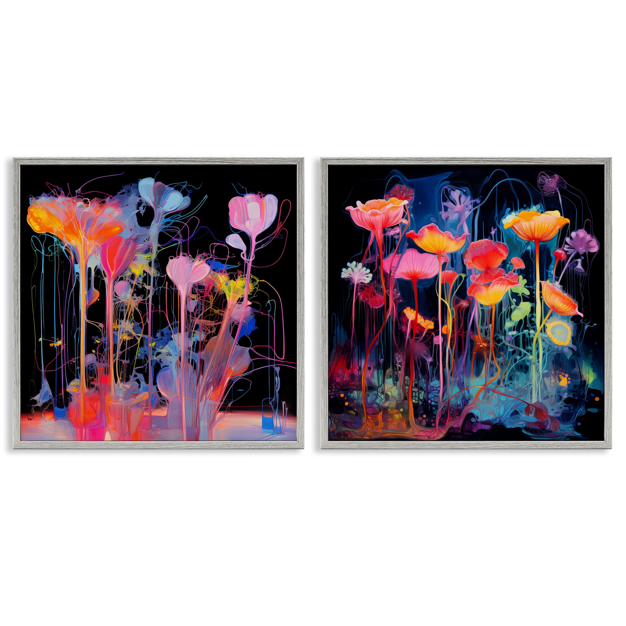 Stupell Industries Contrasting Otherworldly Blossoms Abstract Painting Gray Framed Art Print Wall Art, 12 x 12, Set of 2