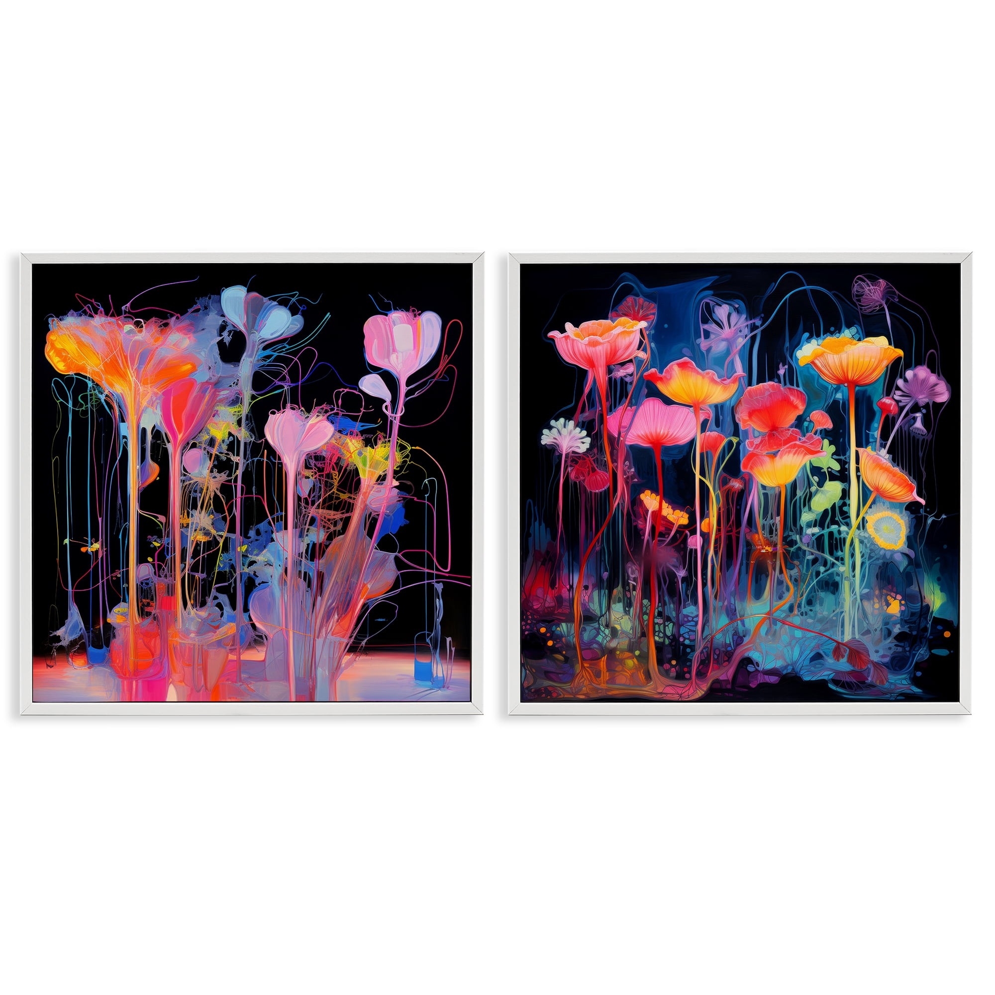 Stupell Industries Contrasting Otherworldly Blossoms Abstract Painting White Framed Art Print Wall Art, 17 x 17, Set of 2