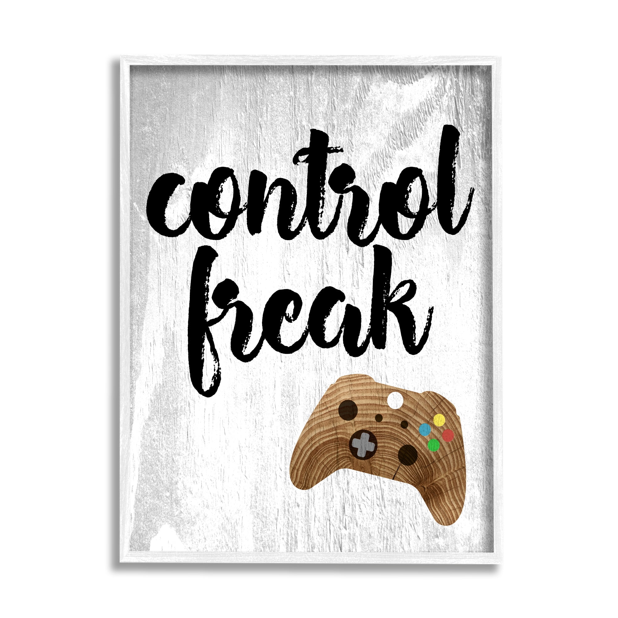Stupell Industries Control Freak Wood Texture Sign with Video Game Controller Graphic Art White Framed Art Print Wall Art, 24x30, by Daphne Polselli