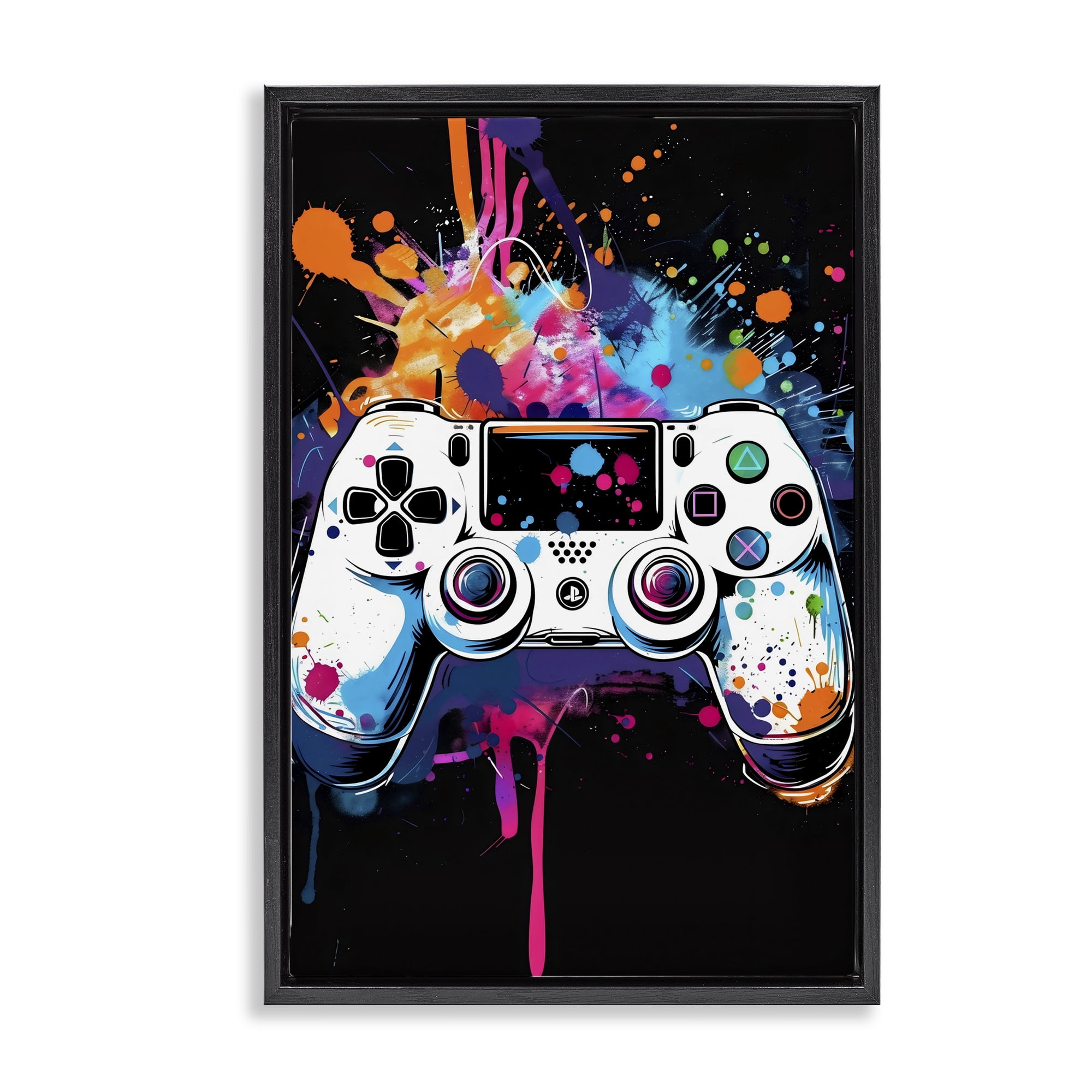 Stupell Industries Controller Contrast with Neon Splatter Black Framed Floater Canvas Wall Art, design by Creative Studio