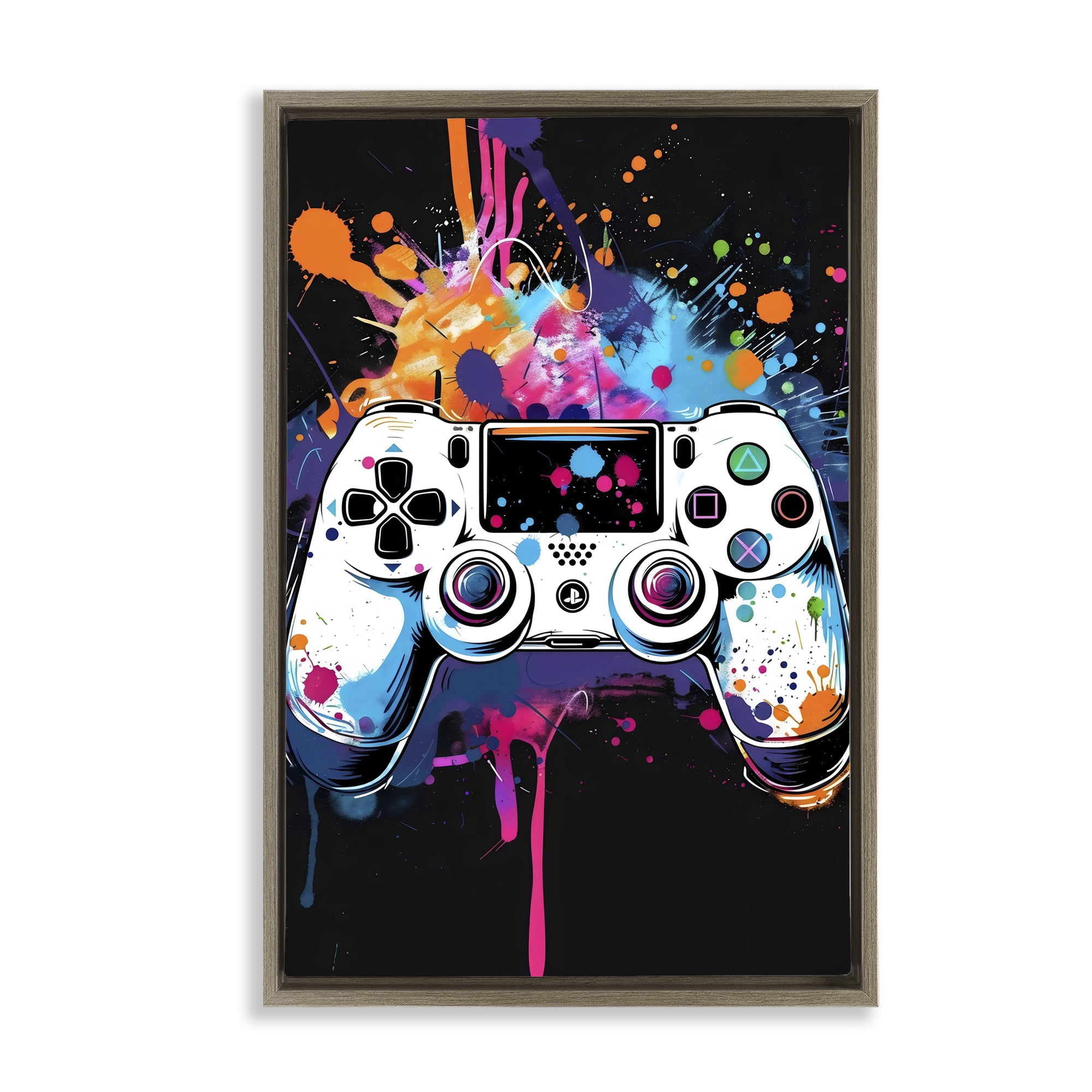 Stupell Industries Controller Contrast with Neon Splatter Brown Framed Floater Canvas Wall Art, design by Creative Studio