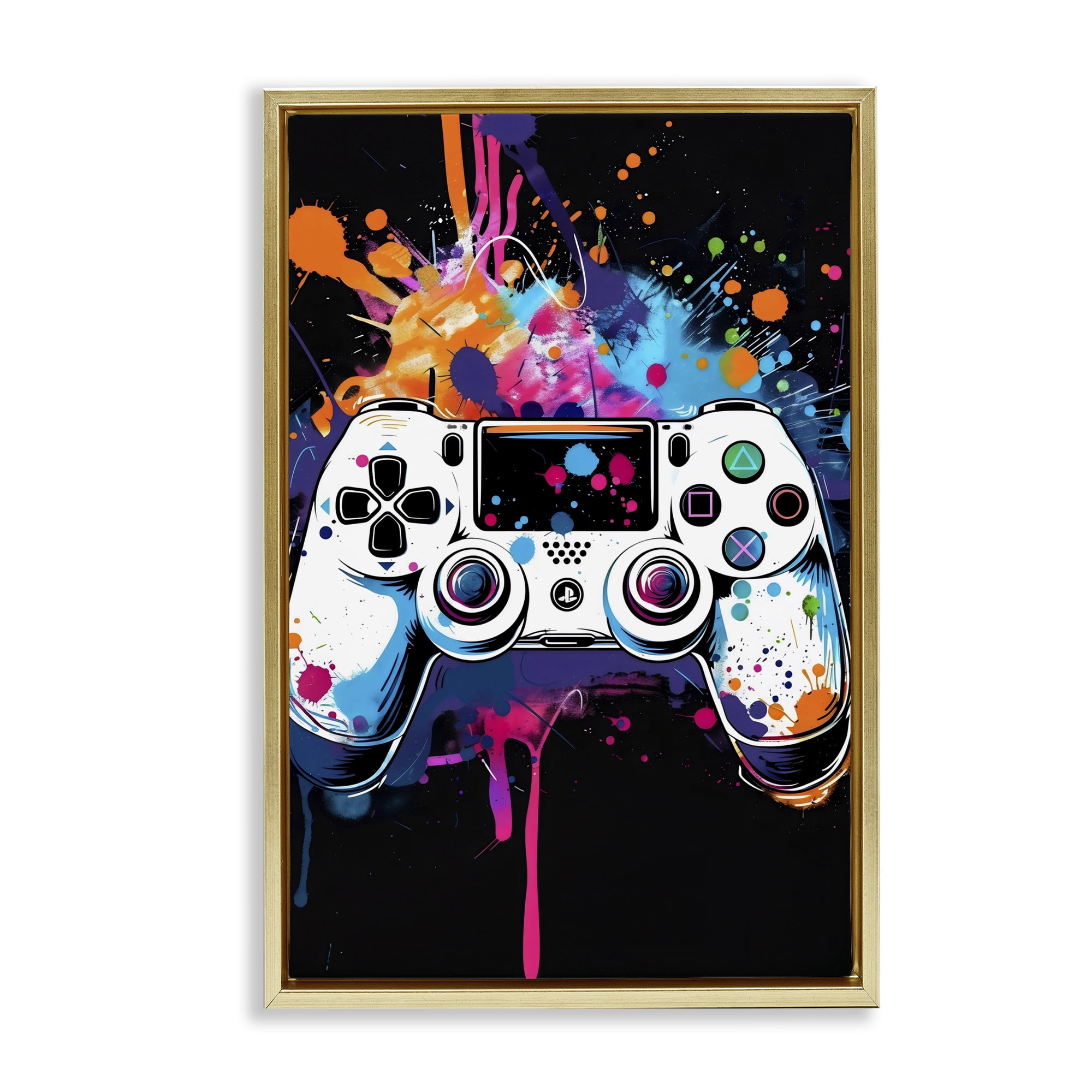 Stupell Industries Controller Contrast with Neon Splatter Gold Framed Floater Canvas Wall Art, design by Creative Studio