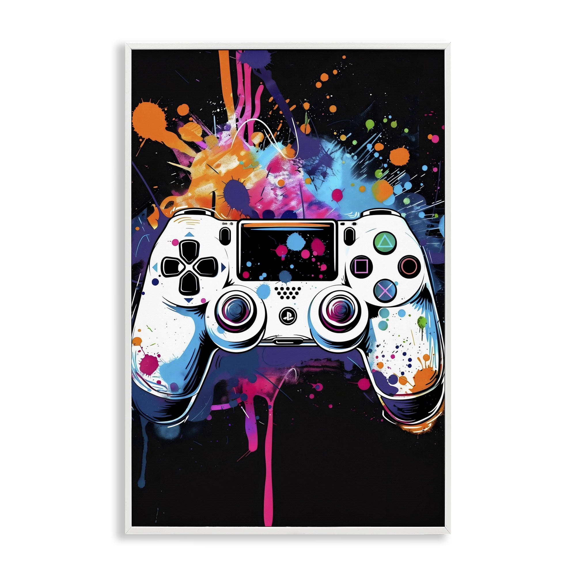 Stupell Industries Controller Contrast with Neon Splatter White Framed Giclee Art, design by Creative Studio