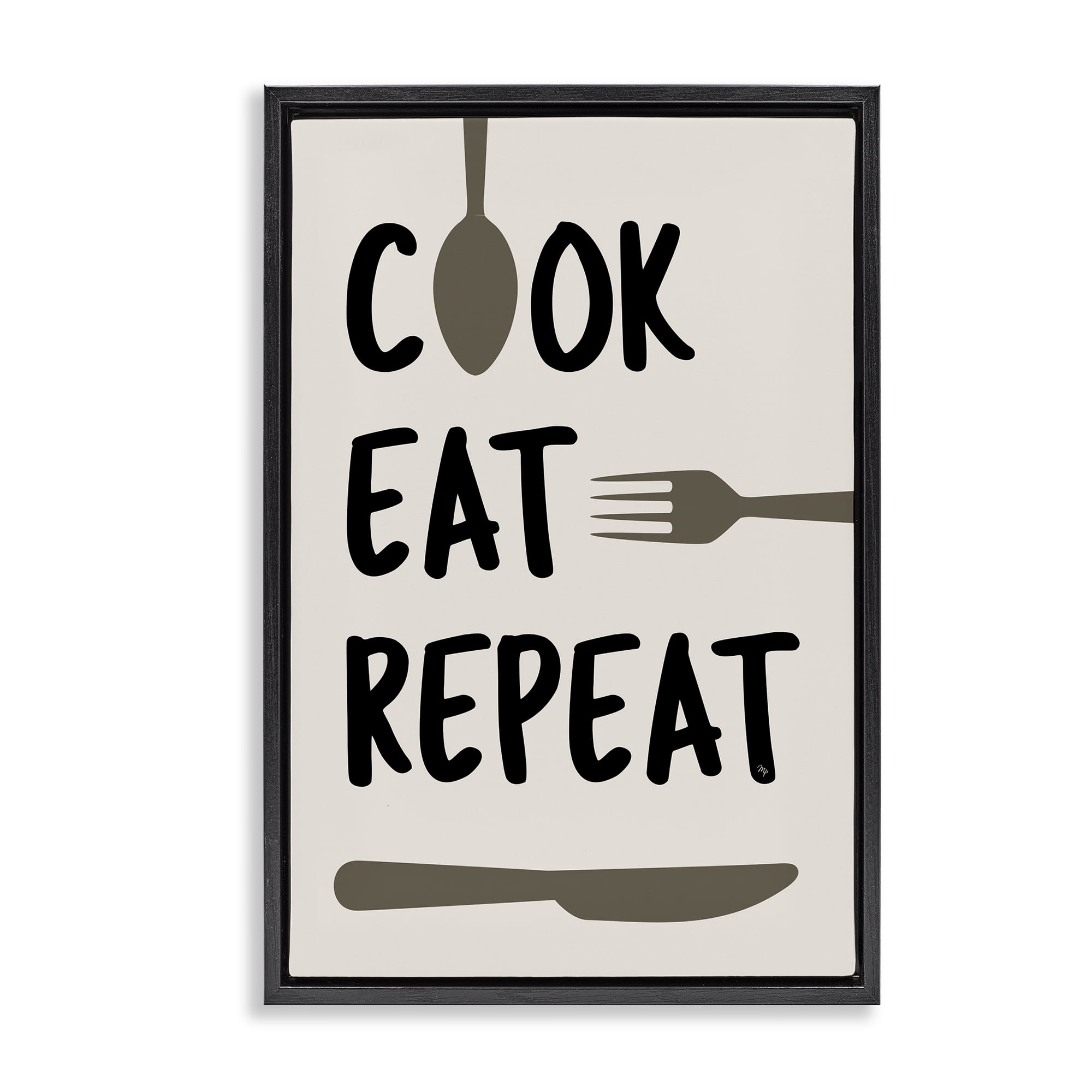 Stupell Industries Cook Eat Repeat with Utensils Black Framed Floater Canvas Wall Art, design by Martina Pavlova