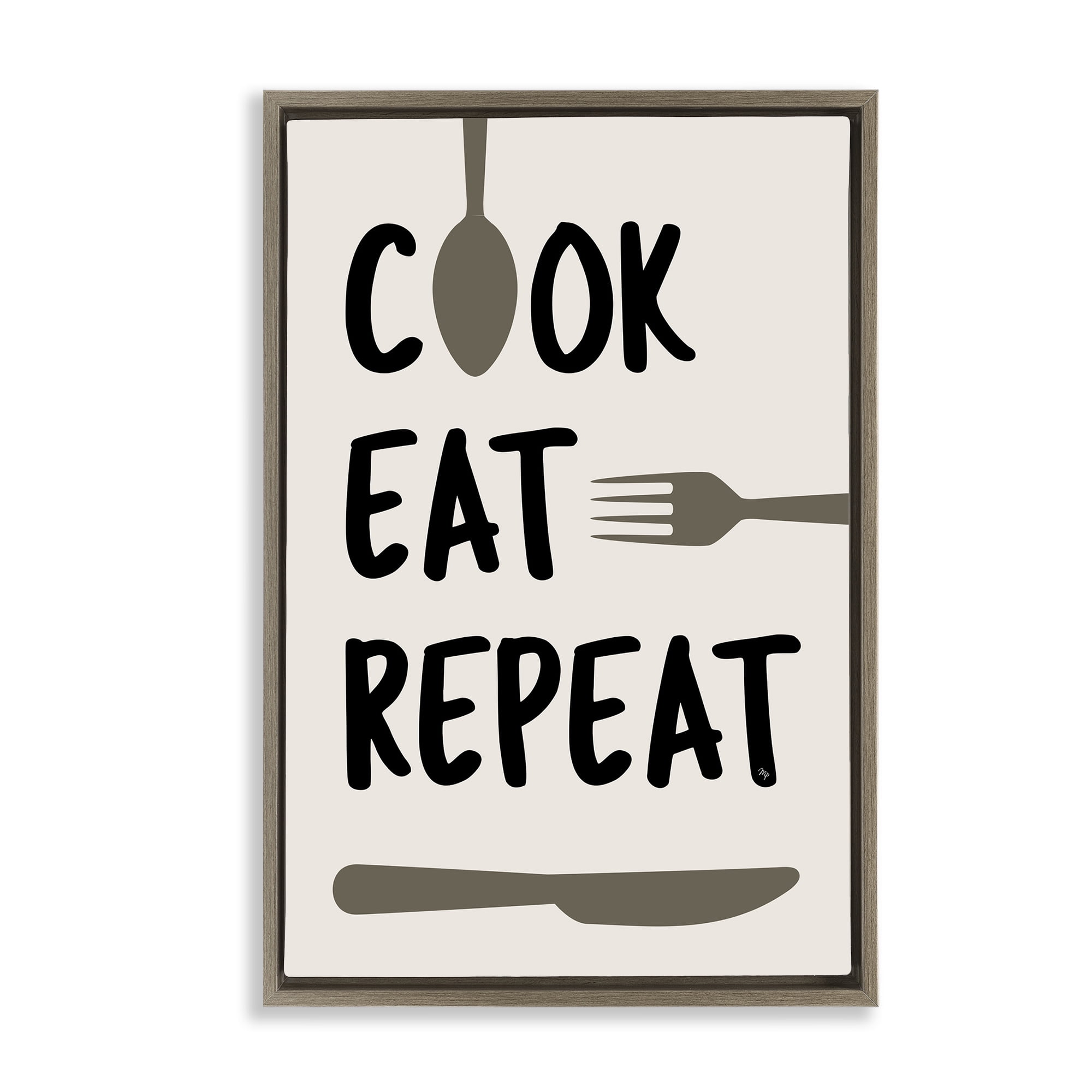 Stupell Industries Cook Eat Repeat with Utensils Brown Framed Floater Canvas Wall Art, design by Martina Pavlova