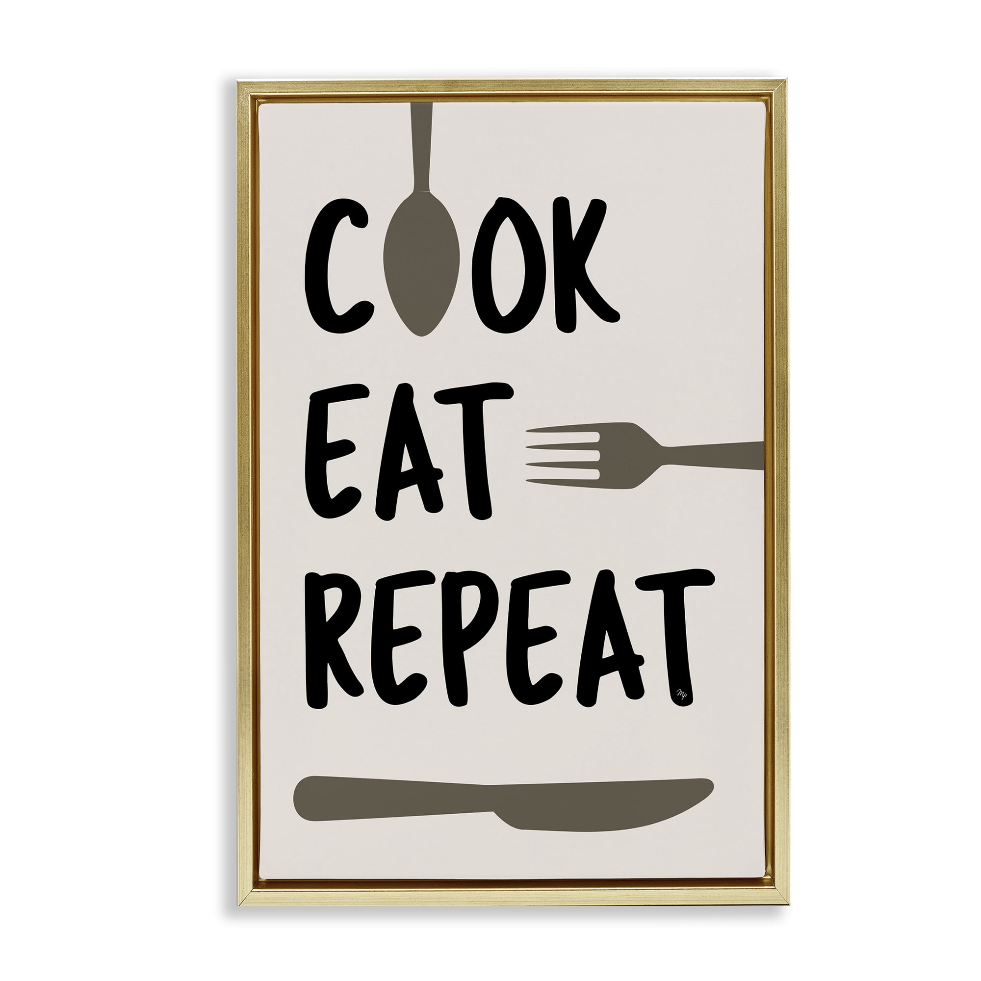 Stupell Industries Cook Eat Repeat with Utensils Gold Framed Floater Canvas Wall Art, design by Martina Pavlova