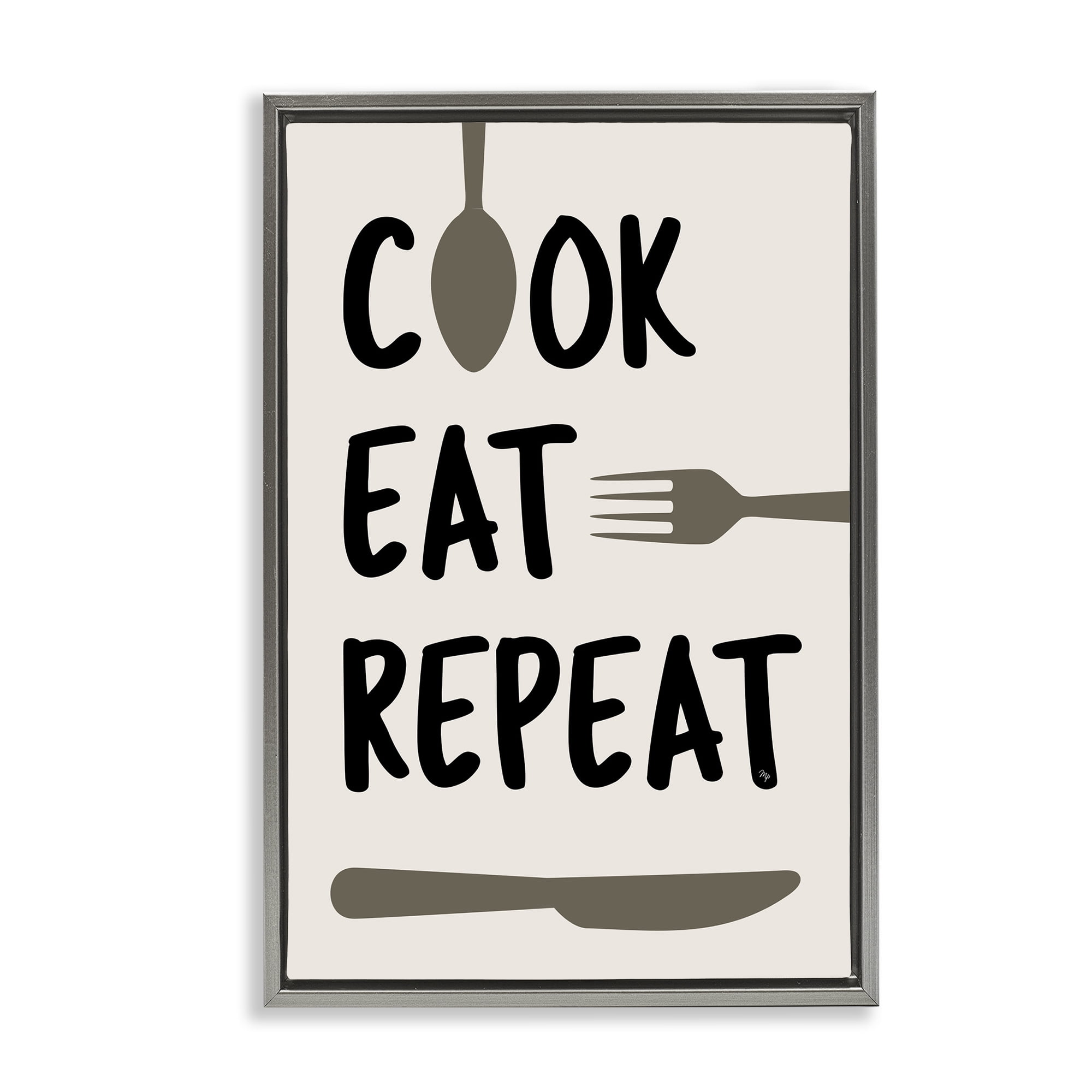 Stupell Industries Cook Eat Repeat with Utensils Gray Framed Floater Canvas Wall Art, design by Martina Pavlova