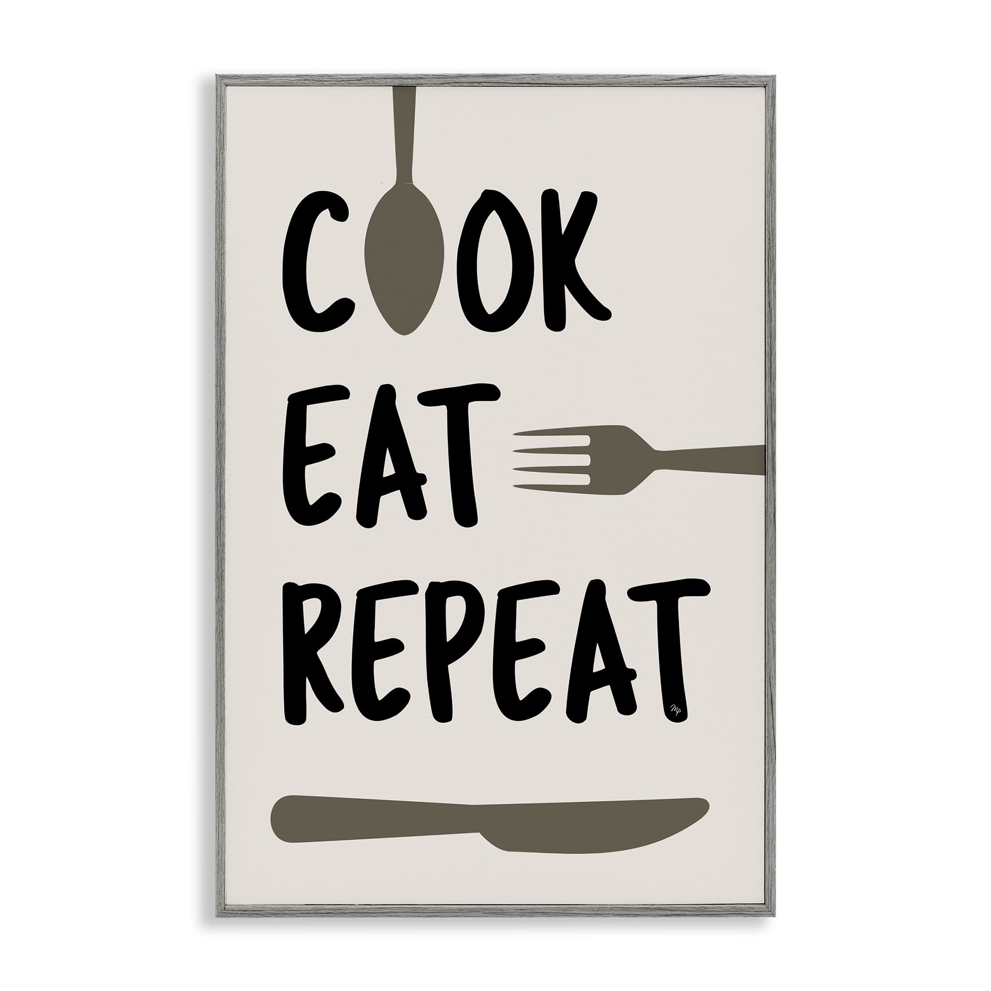 Stupell Industries Cook Eat Repeat with Utensils Gray Framed Giclee Art, design by Martina Pavlova