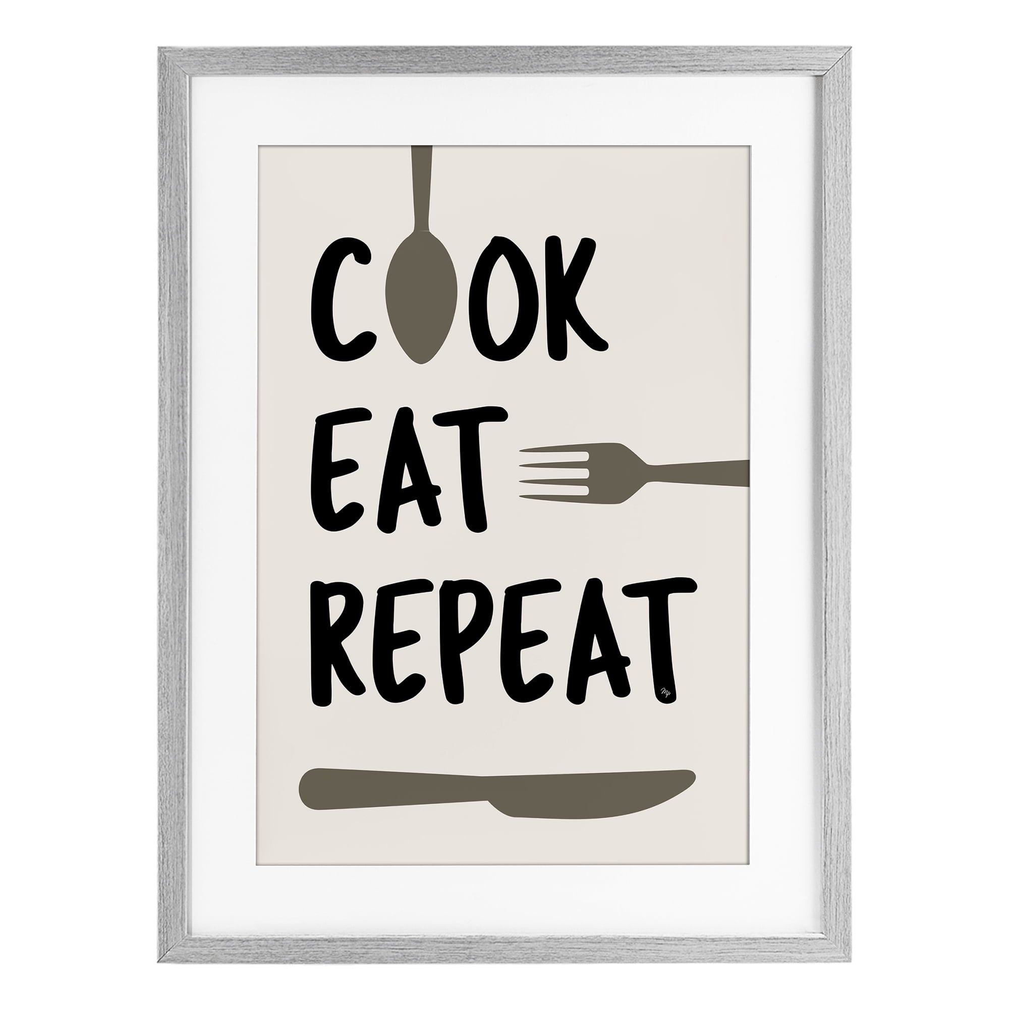 Stupell Industries Cook Eat Repeat with Utensils Gray Framed Print Under Glass, design by Martina Pavlova