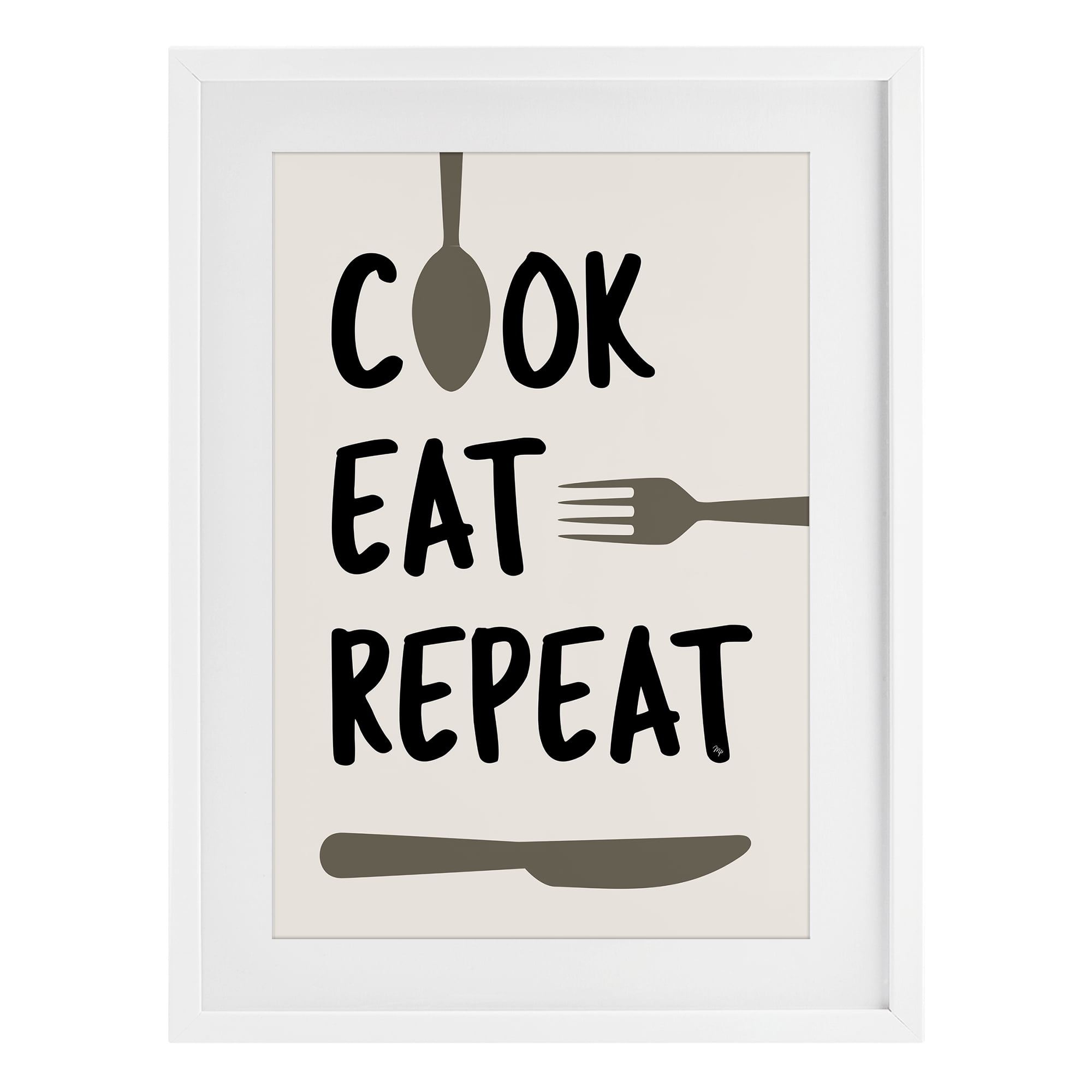 Stupell Industries Cook Eat Repeat with Utensils White Framed Print Under Glass, design by Martina Pavlova