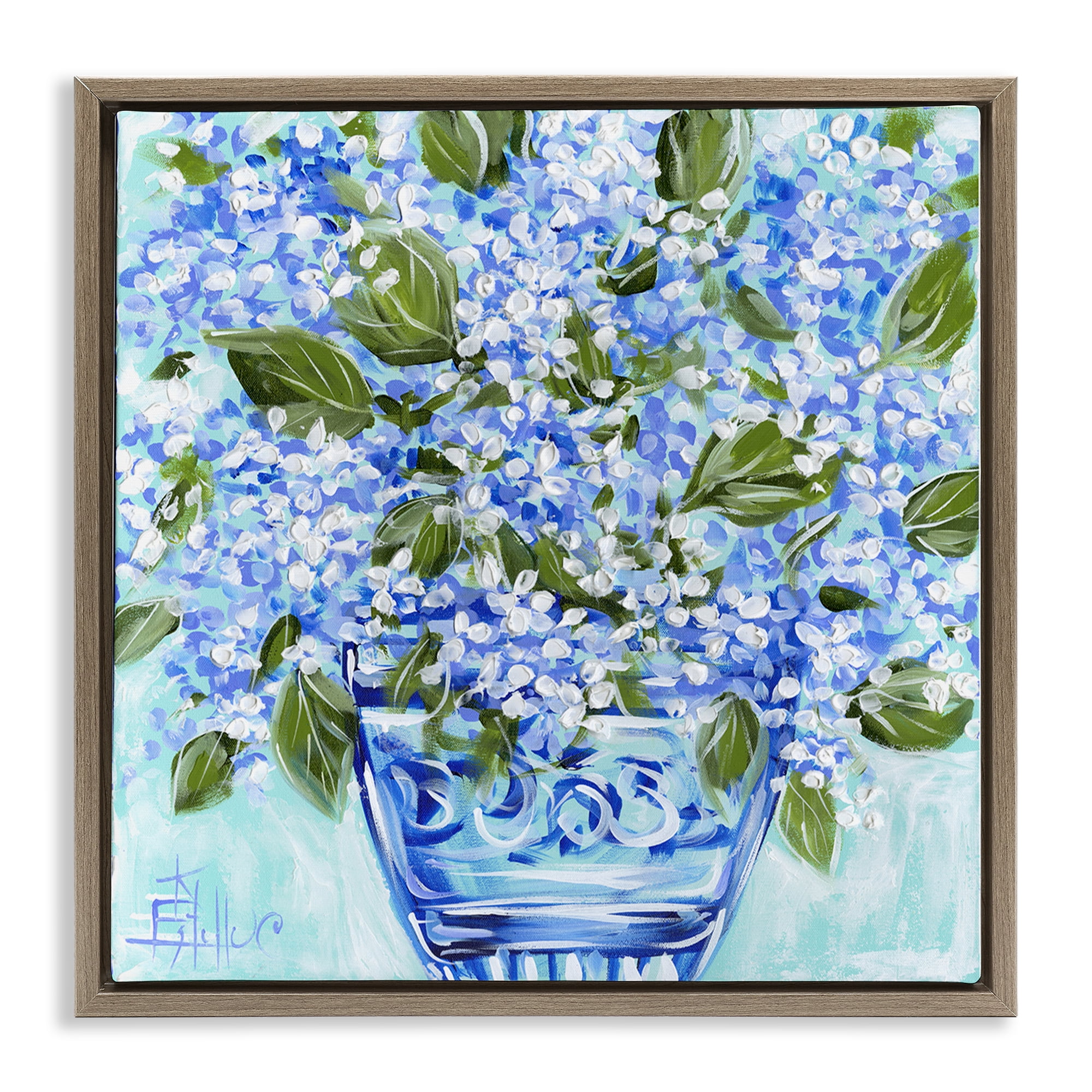 Stupell Industries Cool Bouquets in Blue Vase Brown Framed Floater Canvas Wall Art, design by Estelle Grengs