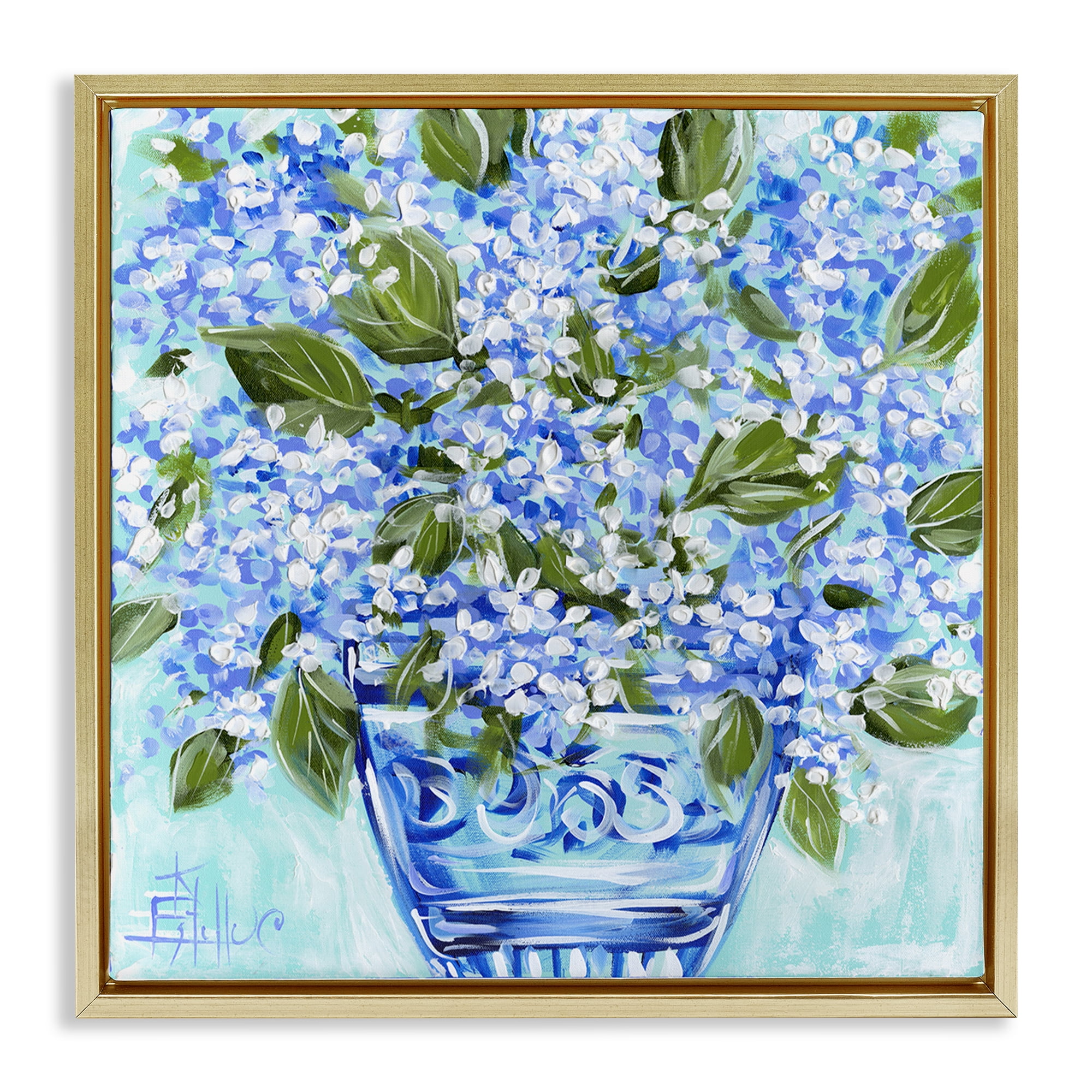 Stupell Industries Cool Bouquets in Blue Vase Gold Framed Floater Canvas Wall Art, design by Estelle Grengs