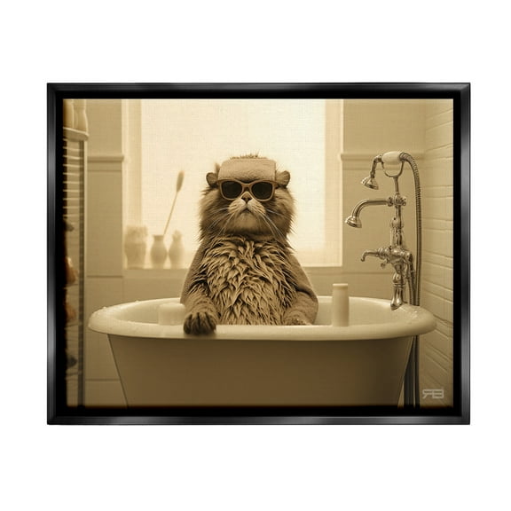 Stupell Industries Cool Cat in Bathtub Animals & Insects Painting Black Floater Framed Canvas Art Print Wall Art, 21 x 17