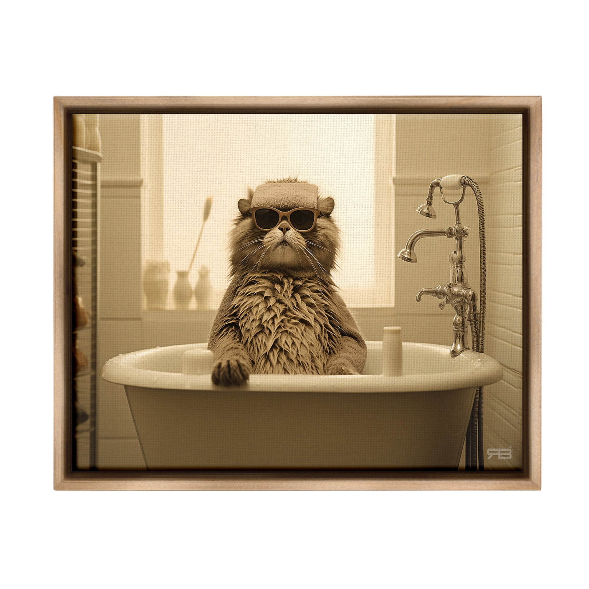 Stupell Industries Cool Cat in Bathtub Animals & Insects Painting Brown Floater Framed Canvas Art Print Wall Art, 31 x 25