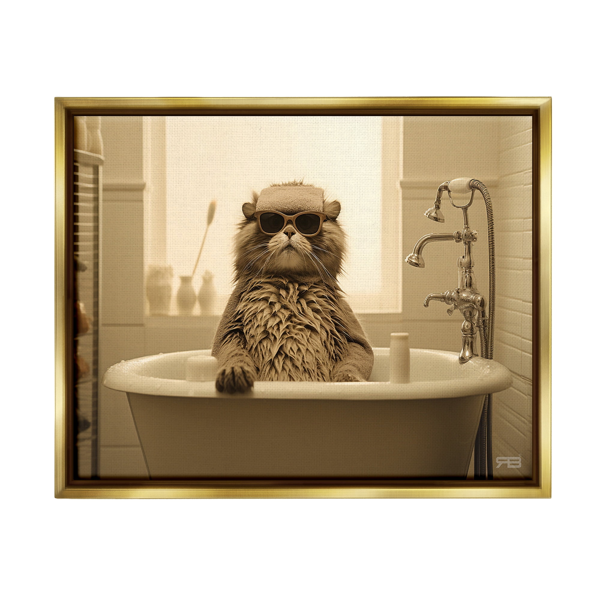 Stupell Industries Cool Cat in Bathtub Animals & Insects Painting Gold Floater Framed Canvas Art Print Wall Art, 21 x 17