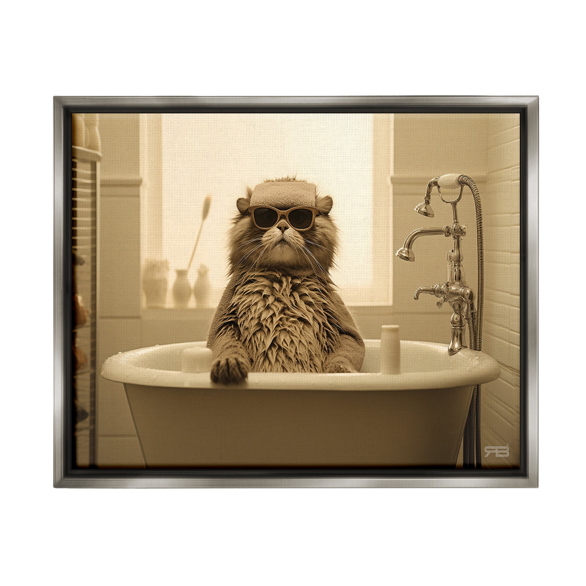 Stupell Industries Cool Cat in Bathtub Animals & Insects Painting Gray Floater Framed Canvas Art Print Wall Art, 21 x 17