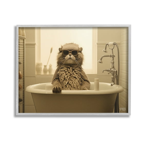 Stupell Industries Cool Cat in Bathtub Animals & Insects Painting Gray Framed Art Print Wall Art, 14 x 11