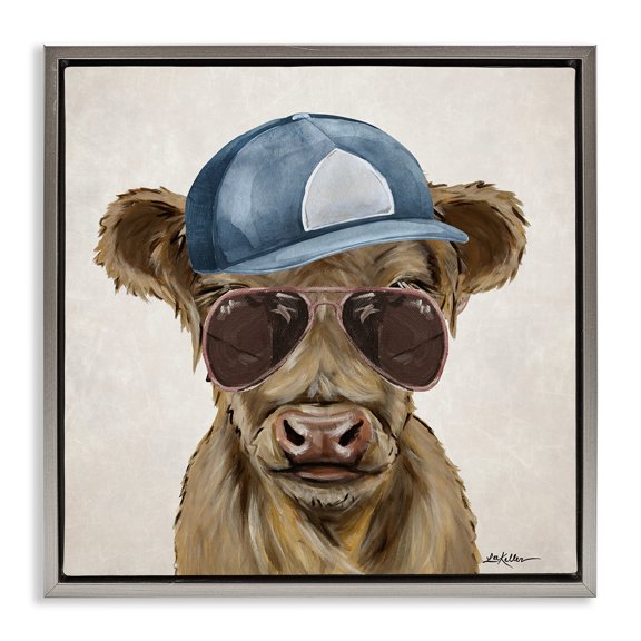 Stupell Industries Cool Cattle with Cap & Glasses Animals Painting Gray Floater Framed Canvas Art Print Wall Art, 18 x 18