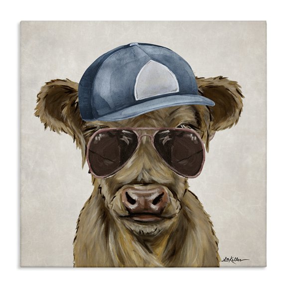 Stupell Industries Cool Cattle with Cap & Glasses Animals Painting Wrapped Canvas Canvas Art Print Wall Art, 36 x 36