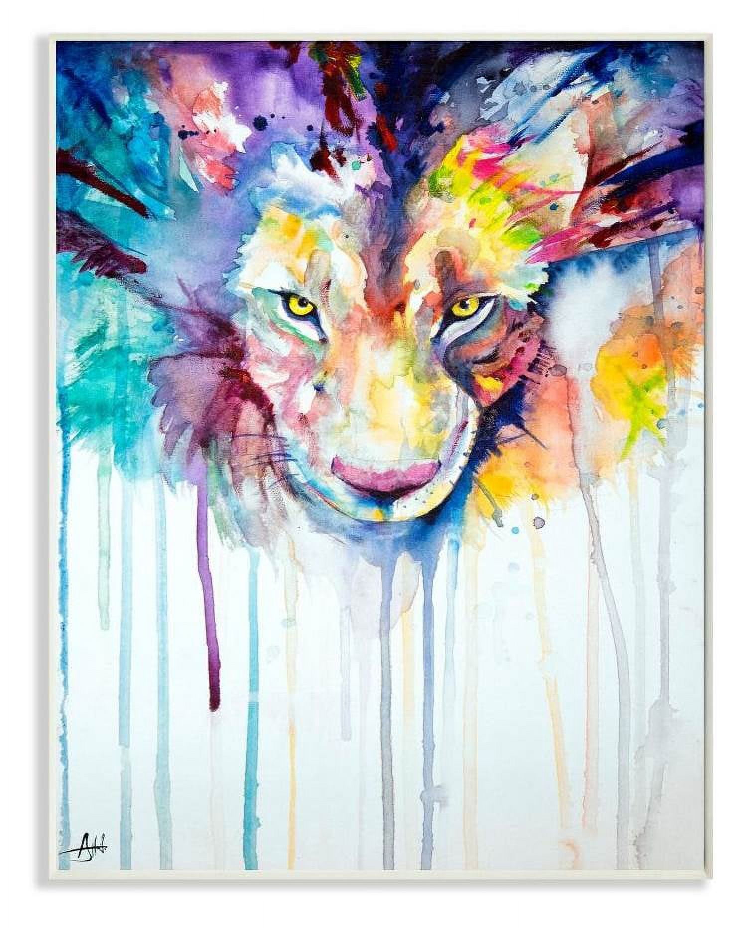 Stupell Industries Cool Colorful Large Cat Lion Portrait Animal Watercolor Painting Wall Plaque by Marc Allante