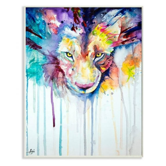 Stupell Industries Cool Colorful Large Cat Lion Portrait Animal Watercolor Painting Wall Plaque by Marc Allante