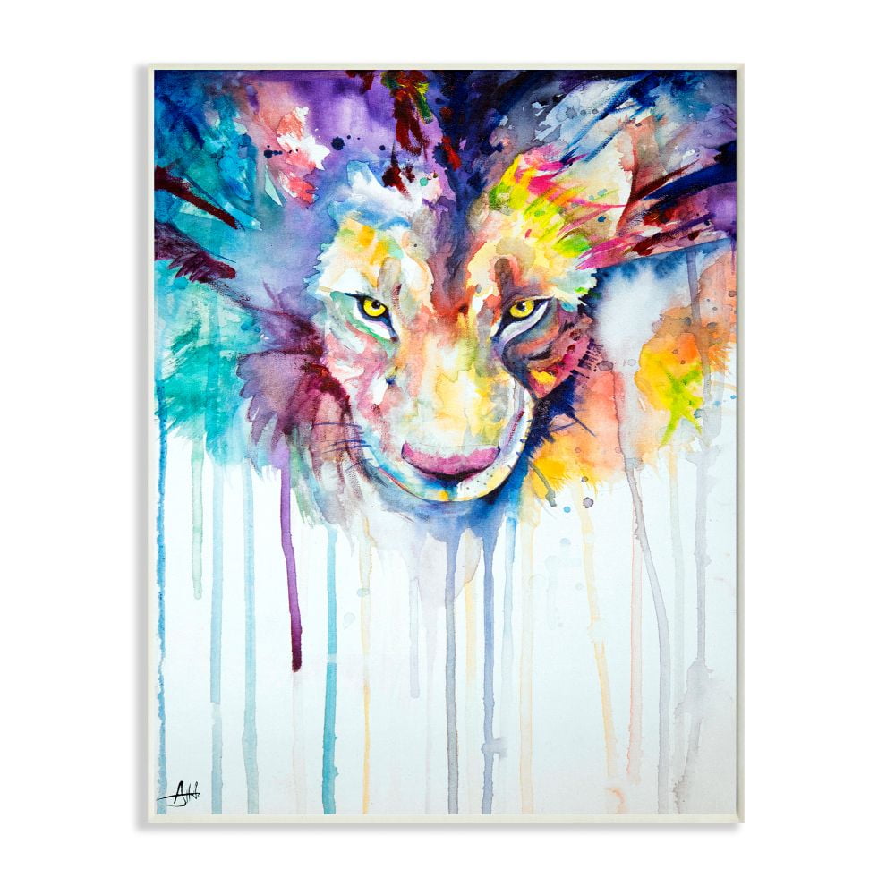 Stupell Industries Cool Colorful Large Cat Lion Portrait Animal Watercolor Painting Wall Plaque by Marc Allante