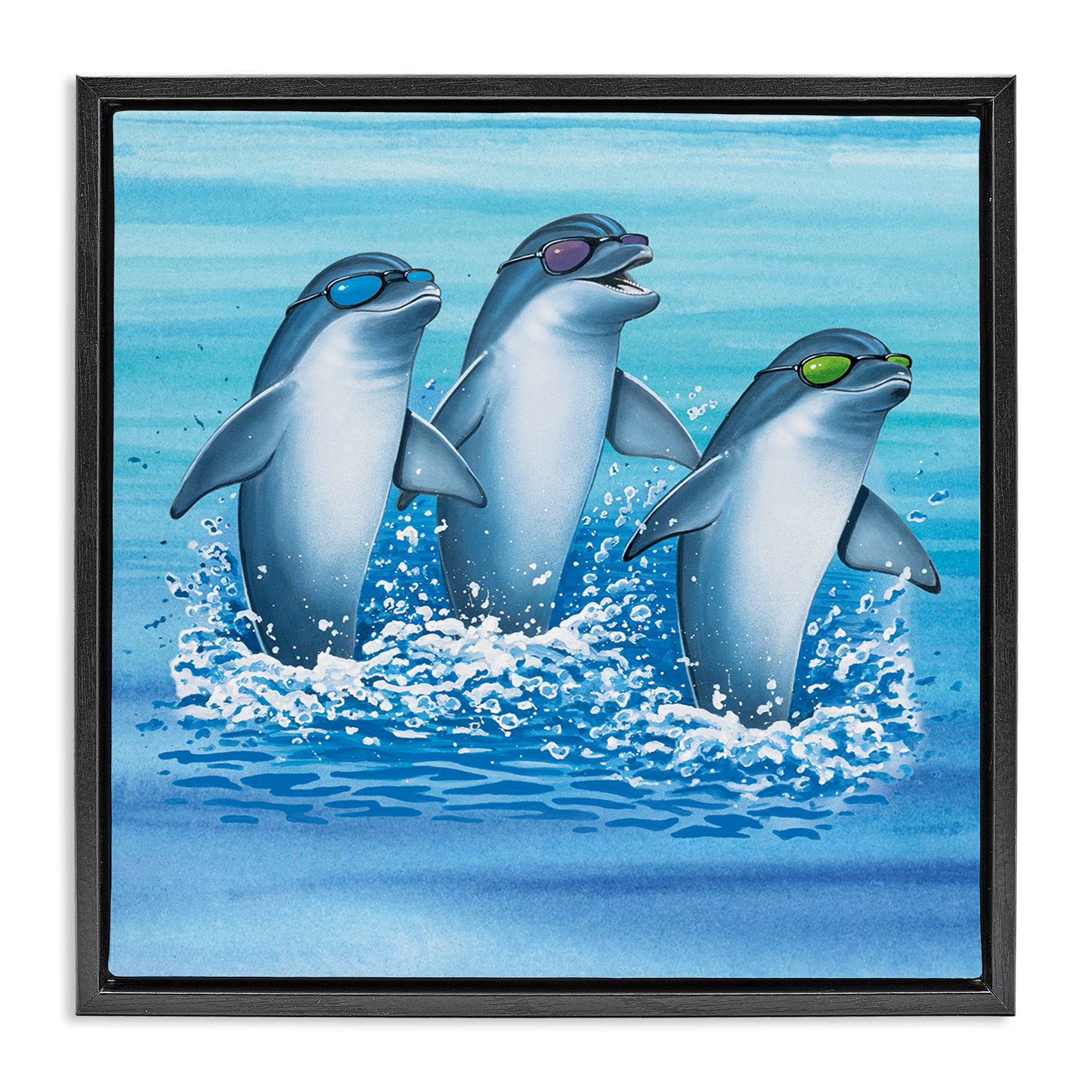 Stupell Industries Cool Dolphins Trio Animals Painting Black Floater Framed Canvas Art Print Wall Art, 25 x 25