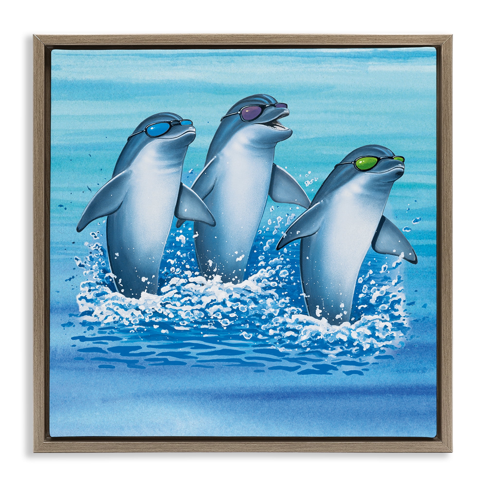 Stupell Industries Cool Dolphins Trio Animals Painting Brown Floater Framed Canvas Art Print Wall Art, 18 x 18