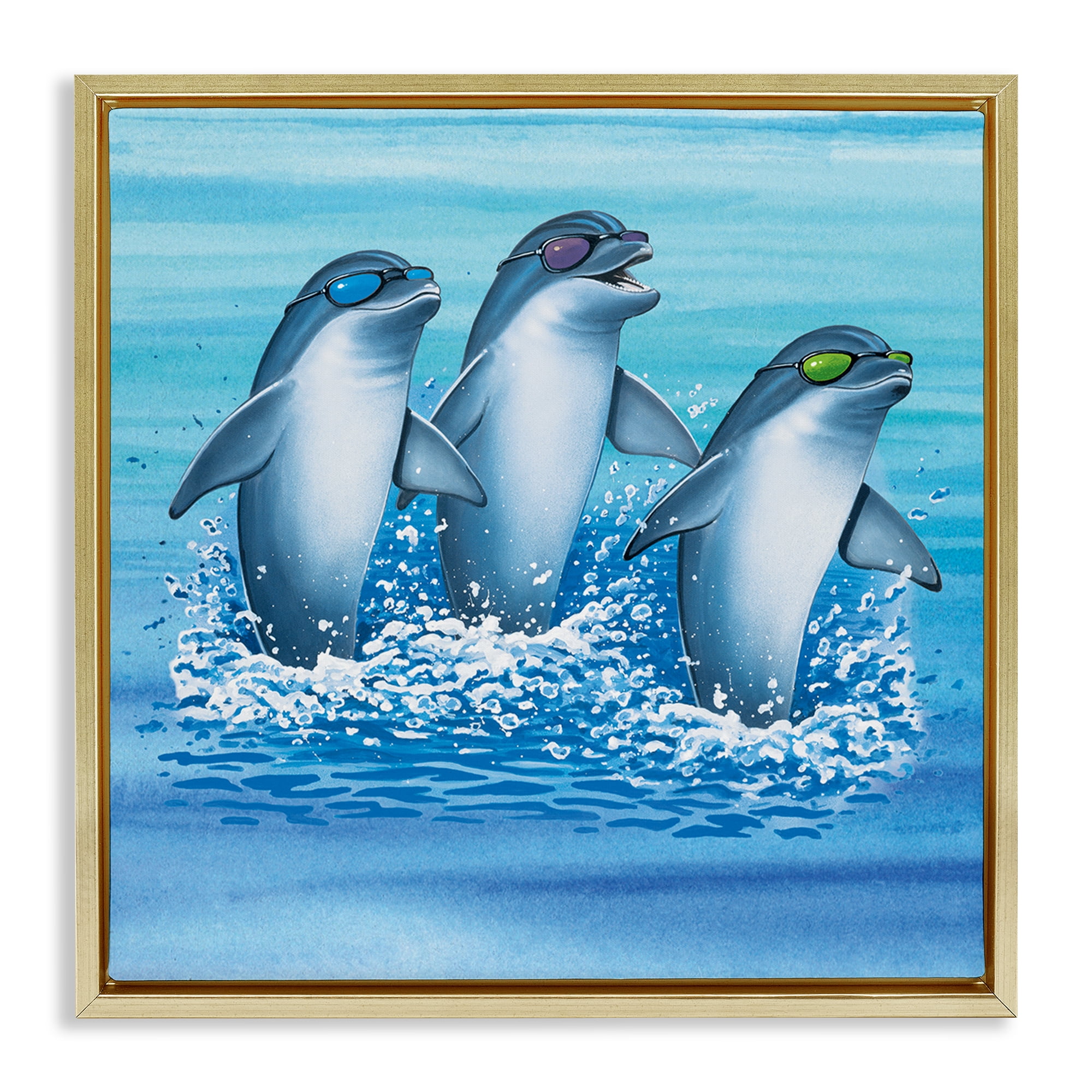 Stupell Industries Cool Dolphins Trio Animals Painting Gold Floater Framed Canvas Art Print Wall Art, 18 x 18