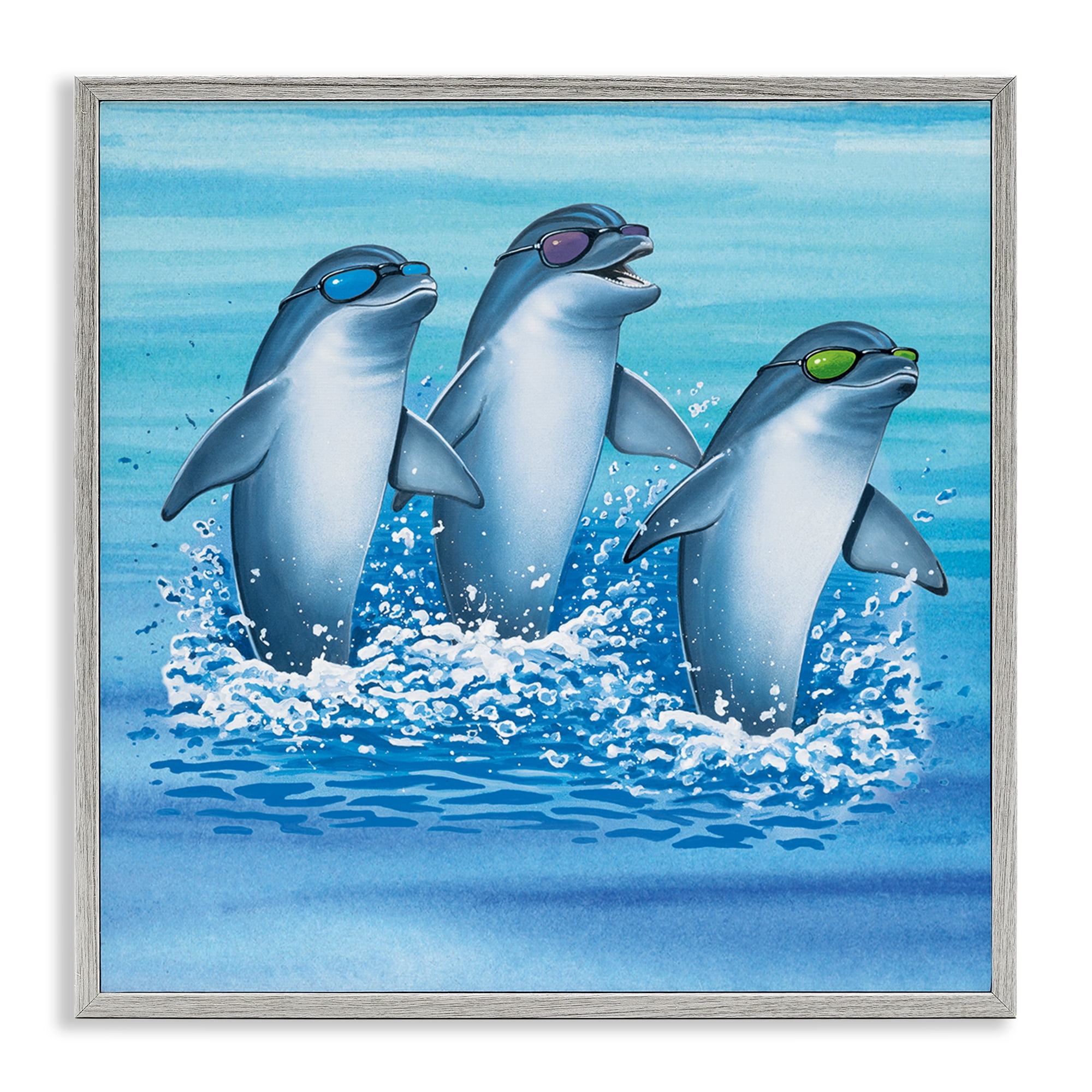 Stupell Industries Cool Dolphins Trio Animals Painting Gray Framed Art Print Wall Art, 17 x 17