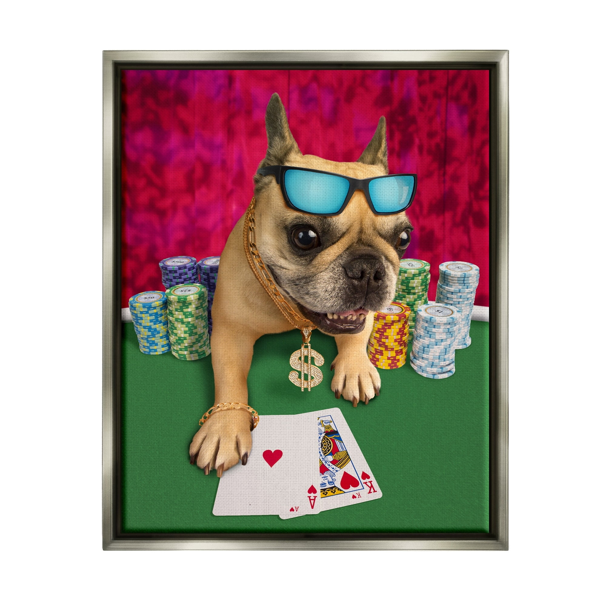 Stupell Industries Cool French Bulldog Gambling Casino Poker Chips Graphic Art Luster Gray Floating Framed Canvas Print Wall Art, Design by Michael Quackenbush