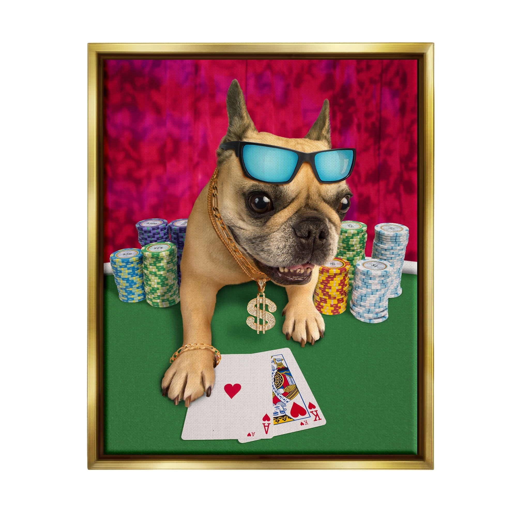 Stupell Industries Cool French Bulldog Gambling Casino Poker Chips Graphic Art Metallic Gold Floating Framed Canvas Print Wall Art, Design by Michael Quackenbush