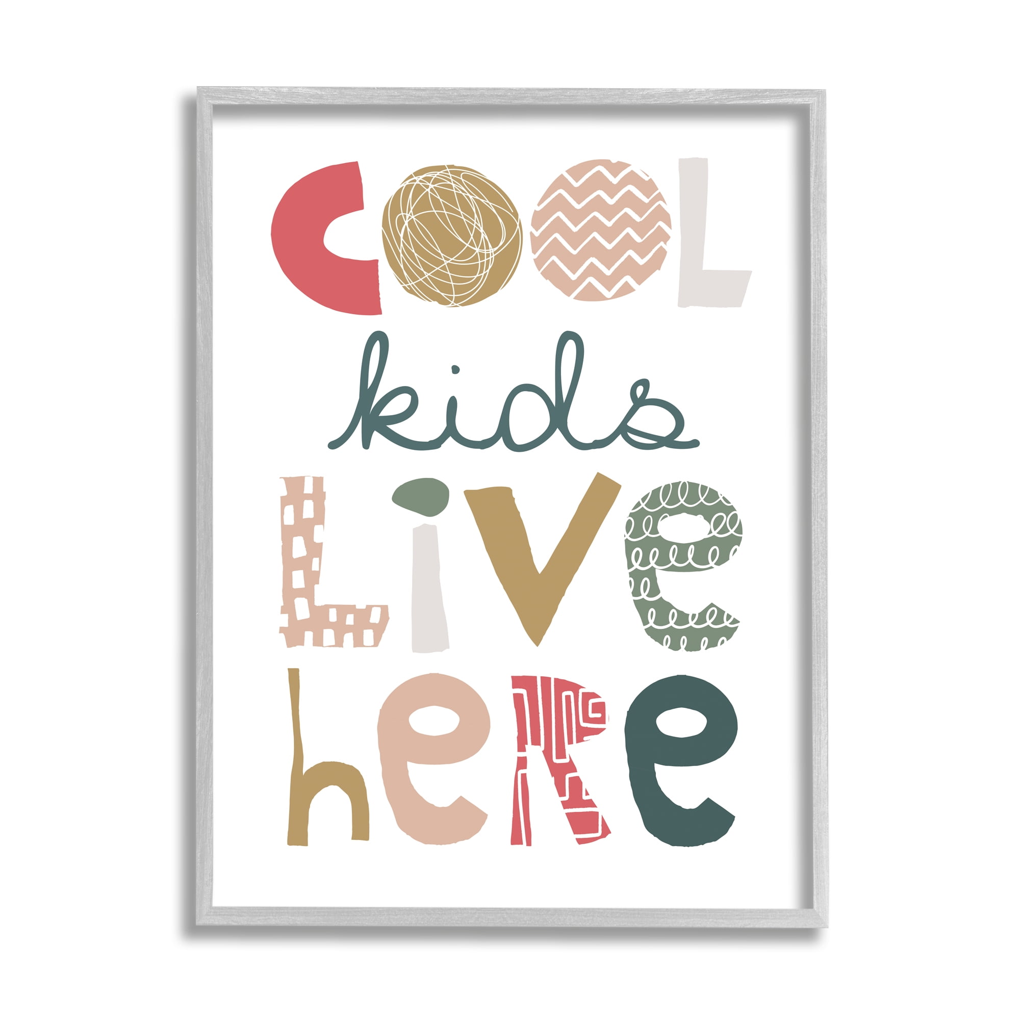Stupell Industries Cool Kids Live Here Phrase Abstract Pattern Typography Inspirational Painting Gray Framed Art Print Wall Art, 24 x 30