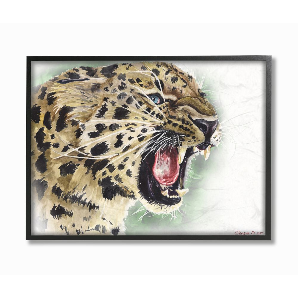 Stupell Industries Cool Leopard Large Cat Animal Watercolor Painting Framed Giclee Texturized Art by George Dyachenko