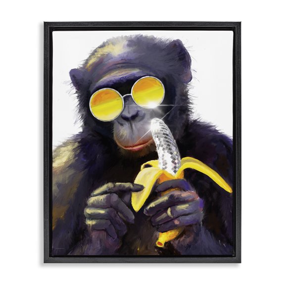 Stupell Industries Cool Monkey with Disco Banana Animals Painting Black Floater Framed Canvas Art Print Wall Art, 17 x 21