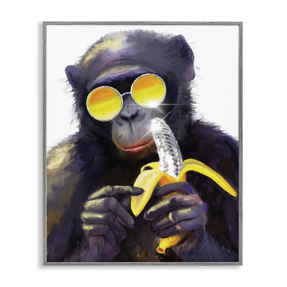 Stupell Industries Cool Monkey with Disco Banana Animals Painting Gray Framed Art Print Wall Art, 11 x 14