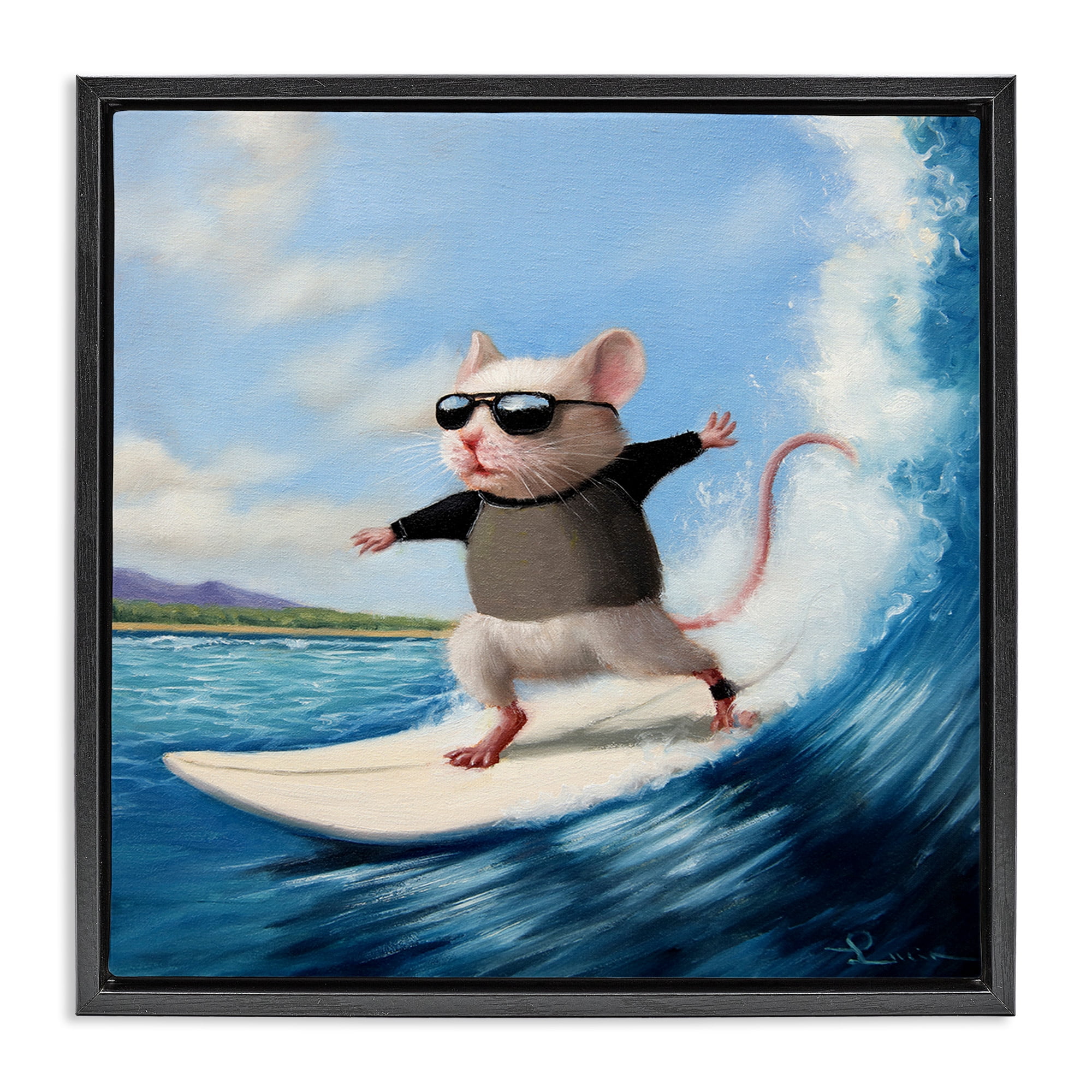 Stupell Industries Cool Surfer Mouse Blue Ocean Waves Animals & Insects Painting Black Floater Framed Canvas Art Print Wall Art, 18 x 18