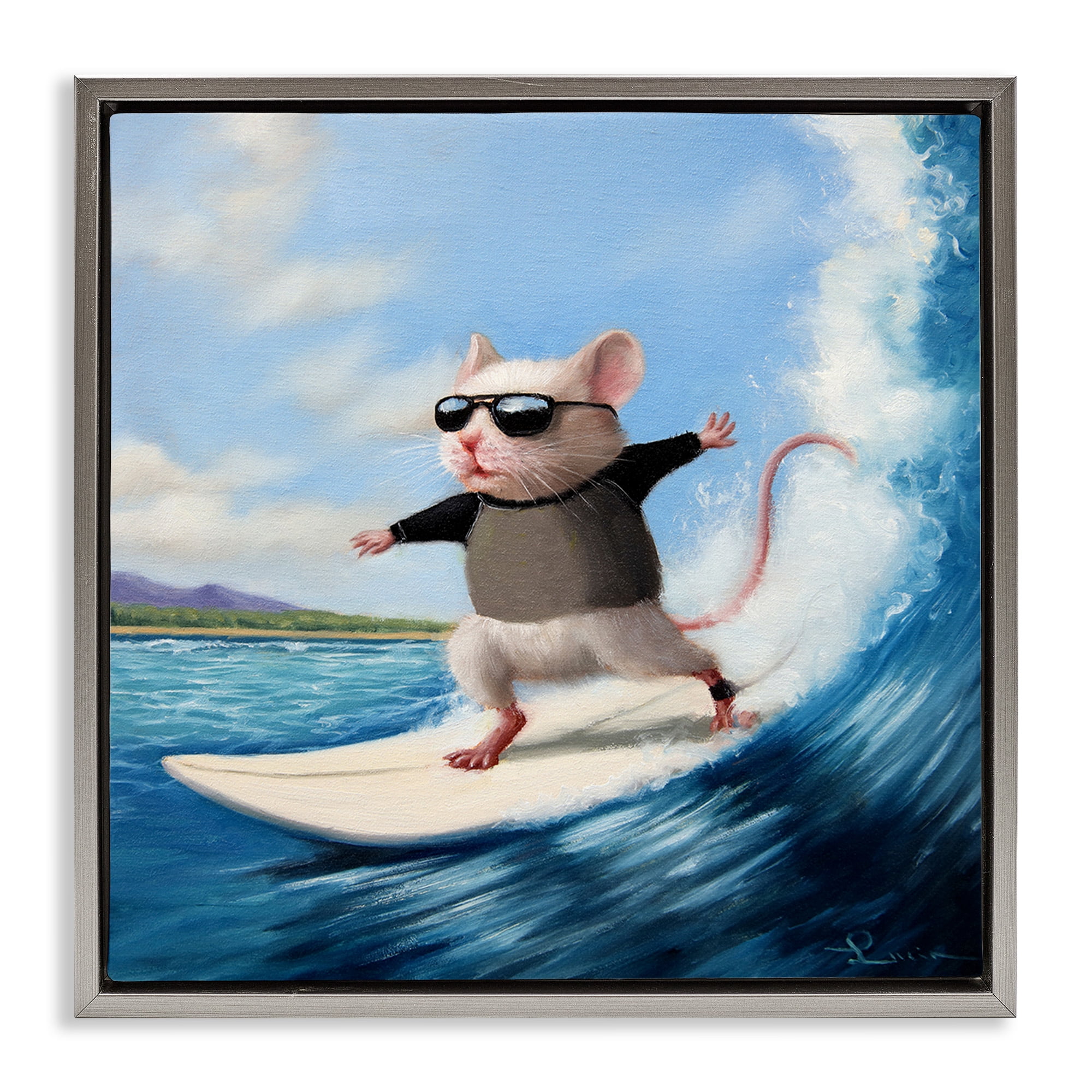 Stupell Industries Cool Surfer Mouse Blue Ocean Waves Animals & Insects Painting Gray Floater Framed Canvas Art Print Wall Art, 18 x 18