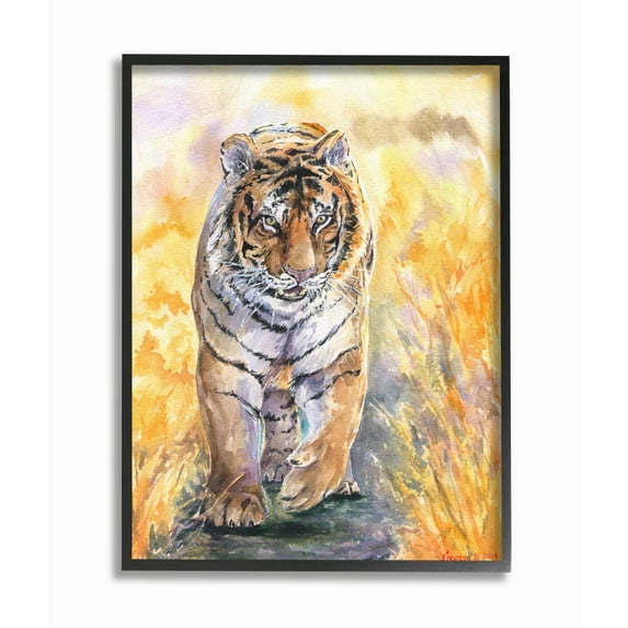 Stupell Industries Cool Tiger Large Cat Animal Orange Watercolor Painting Framed Giclee Texturized Art by George Dyachenko