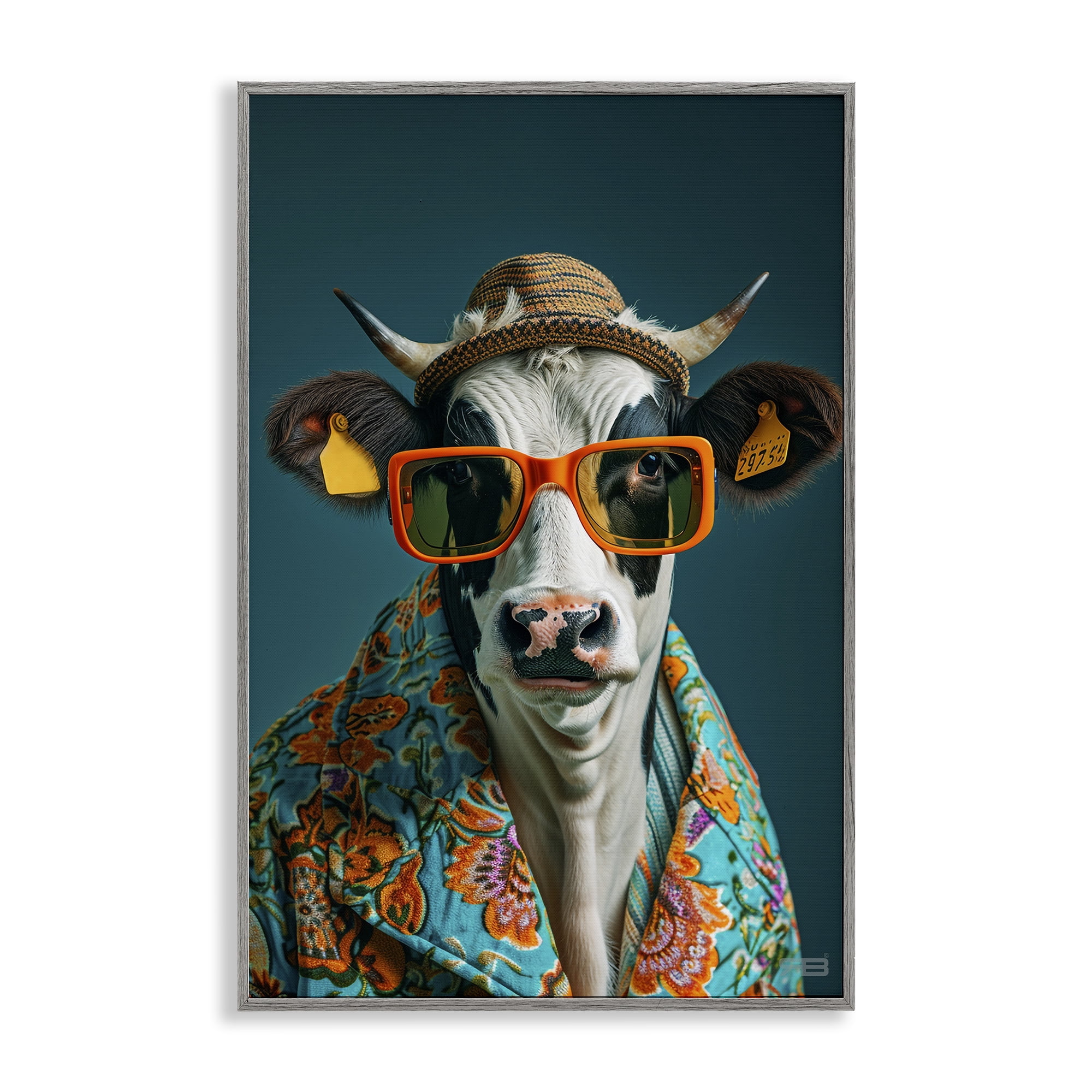 Stupell Industries Cool Trendy Cow Animals & Insects Painting Gray Framed Art Print Wall Art, 16 x 24