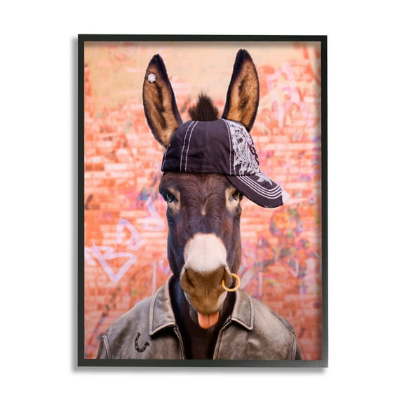 Stupell Industries Cool Trendy Donkey Wearing Hat Street Graffiti Graphic Art Black Framed Art Print Wall Art, Design by Michael Quackenbush