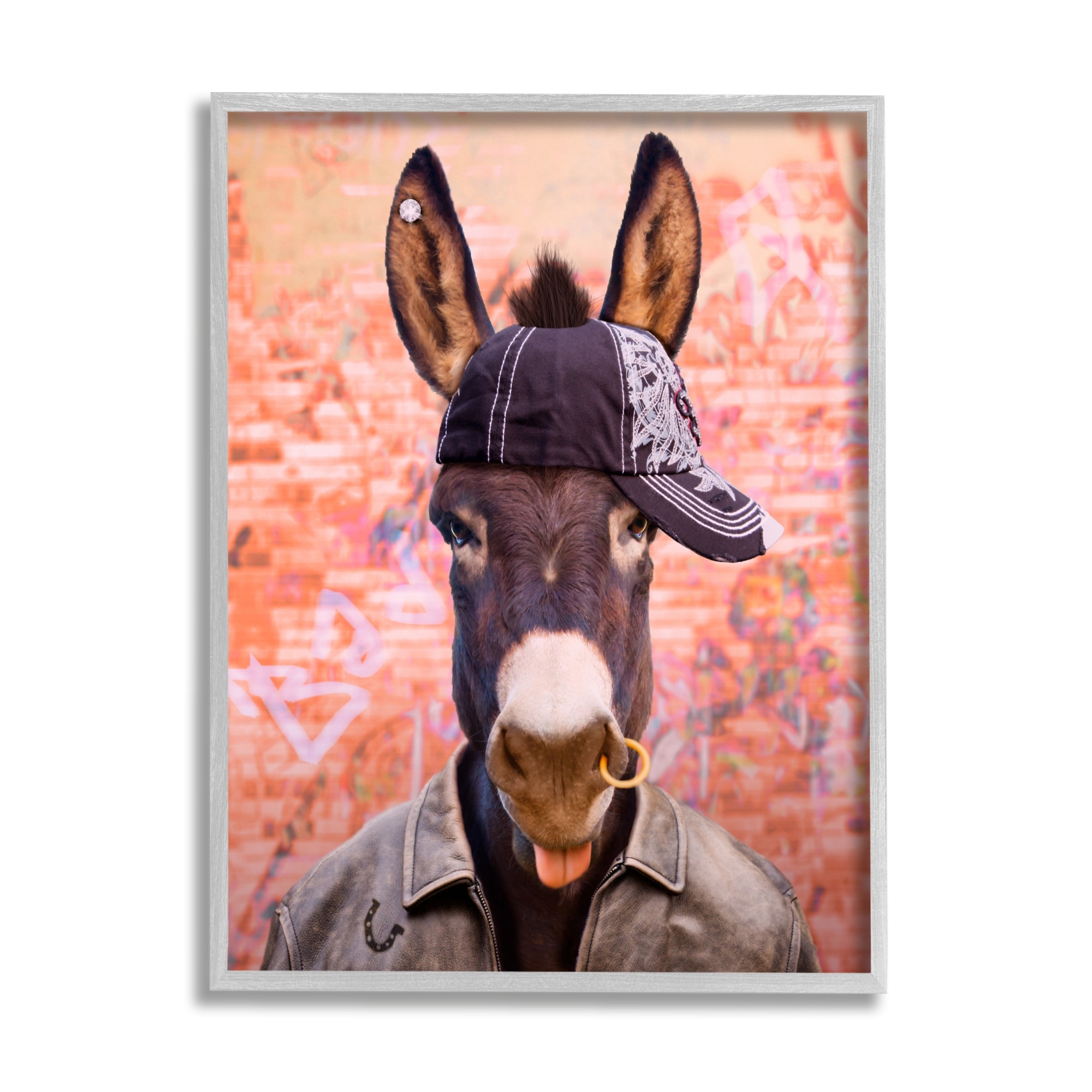Stupell Industries Cool Trendy Donkey Wearing Hat Street Graffiti Graphic Art Gray Framed Art Print Wall Art, Design by Michael Quackenbush