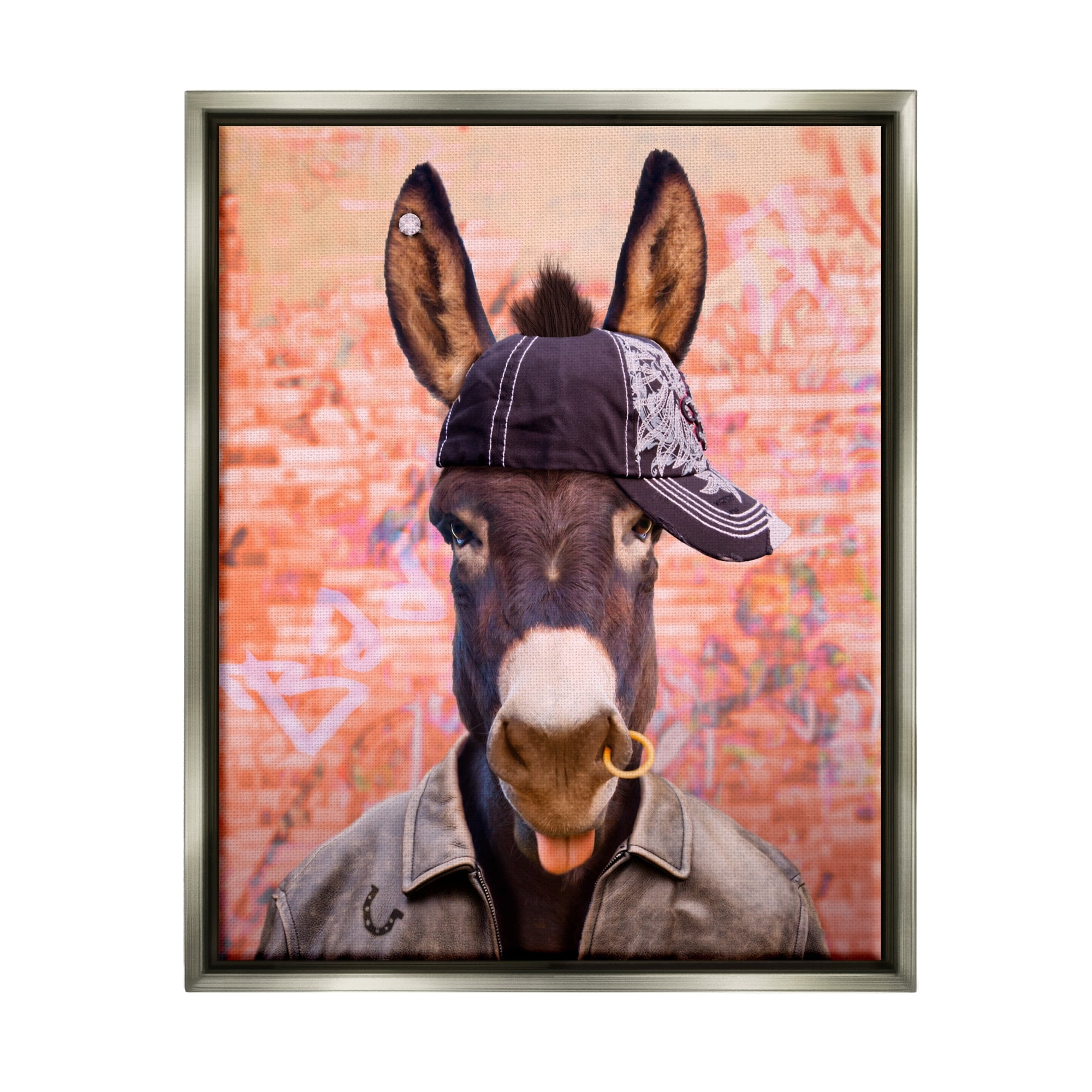 Stupell Industries Cool Trendy Donkey Wearing Hat Street Graffiti Graphic Art Luster Gray Floating Framed Canvas Print Wall Art, Design by Michael Quackenbush